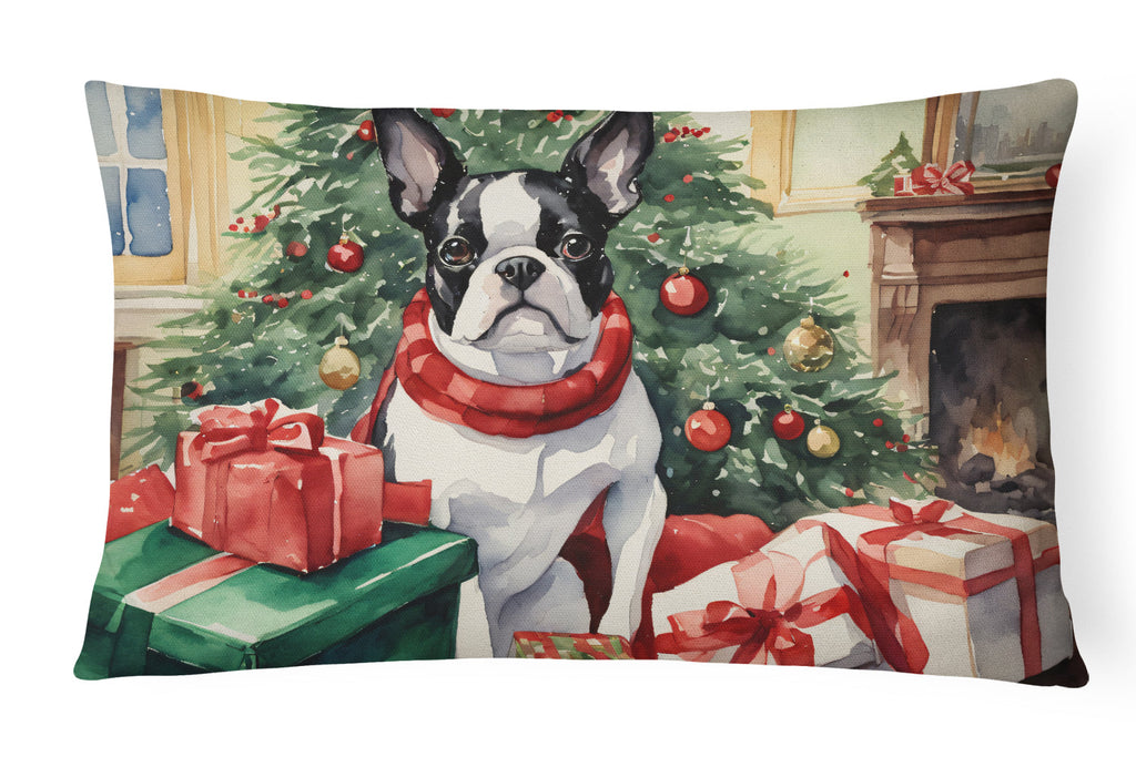Boston Terrier Christmas Decorative Throw Pillow 12x16 Indoor Outdoor Accent Cushion, Fabric Cover with Insert for Sofa, Bed, Porch & Living Room