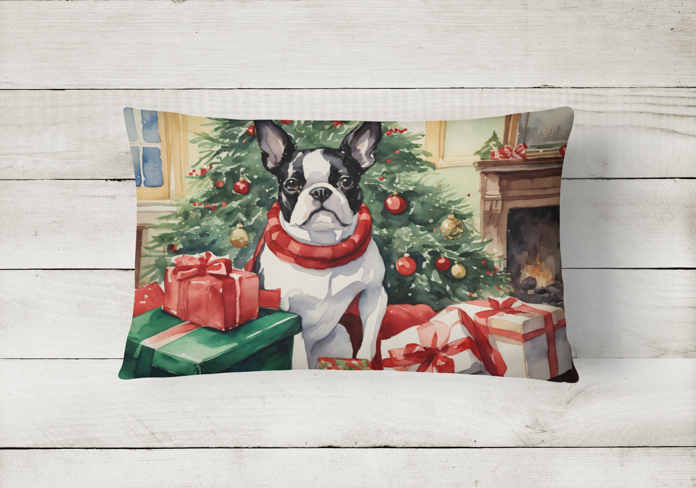 Boston Terrier Christmas Decorative Throw Pillow 12x16 Indoor Outdoor Accent Cushion, Fabric Cover with Insert for Sofa, Bed, Porch & Living Room