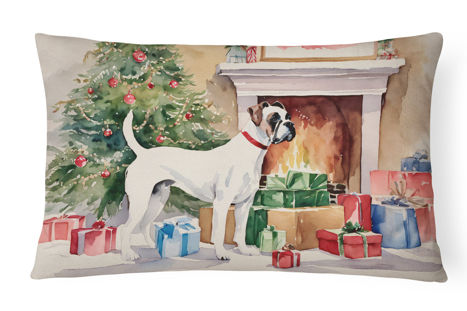 White Boxer Christmas Decorative Throw Pillow 12x16 Indoor Outdoor Accent Cushion, Fabric Cover with Insert for Sofa, Bed, Porch & Living Room