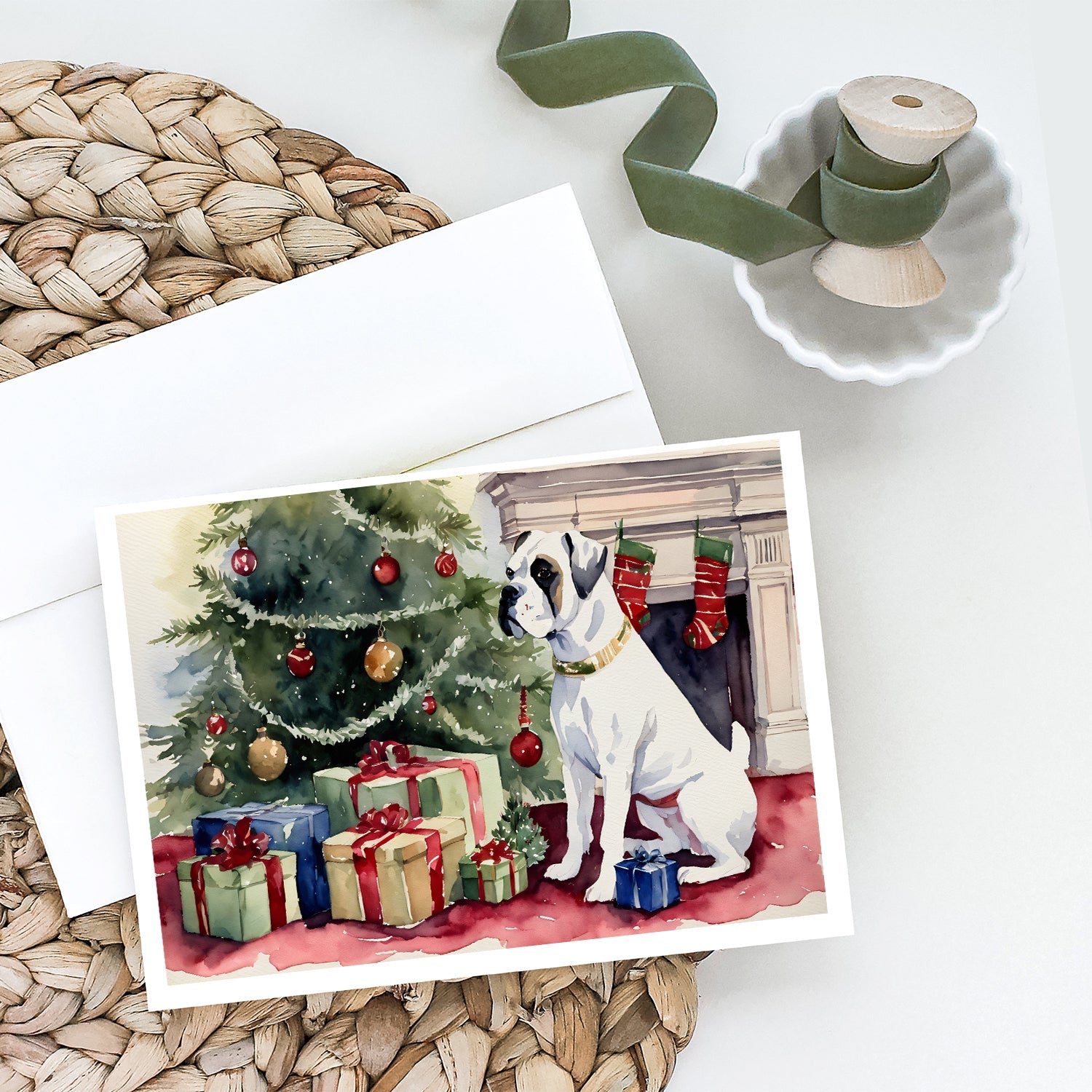 White Boxer Christmas Greeting Cards Pack of 8 Blank Cards with Envelopes Whimsical A7 Size 5x7
