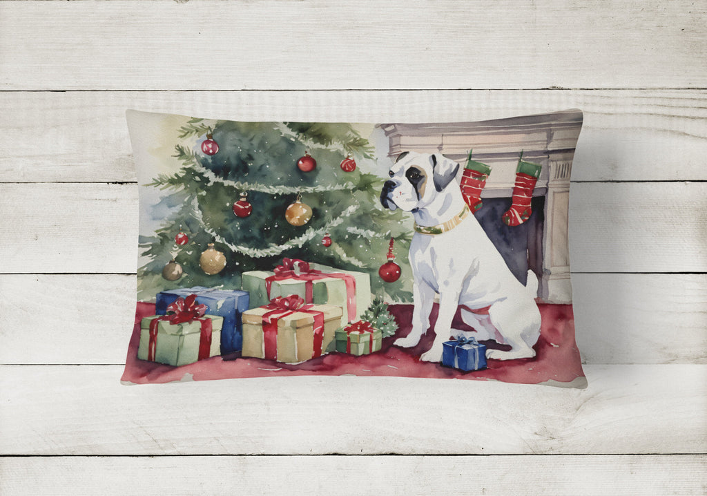 White Boxer Christmas Decorative Throw Pillow 12x16 Indoor Outdoor Accent Cushion, Fabric Cover with Insert for Sofa, Bed, Porch & Living Room