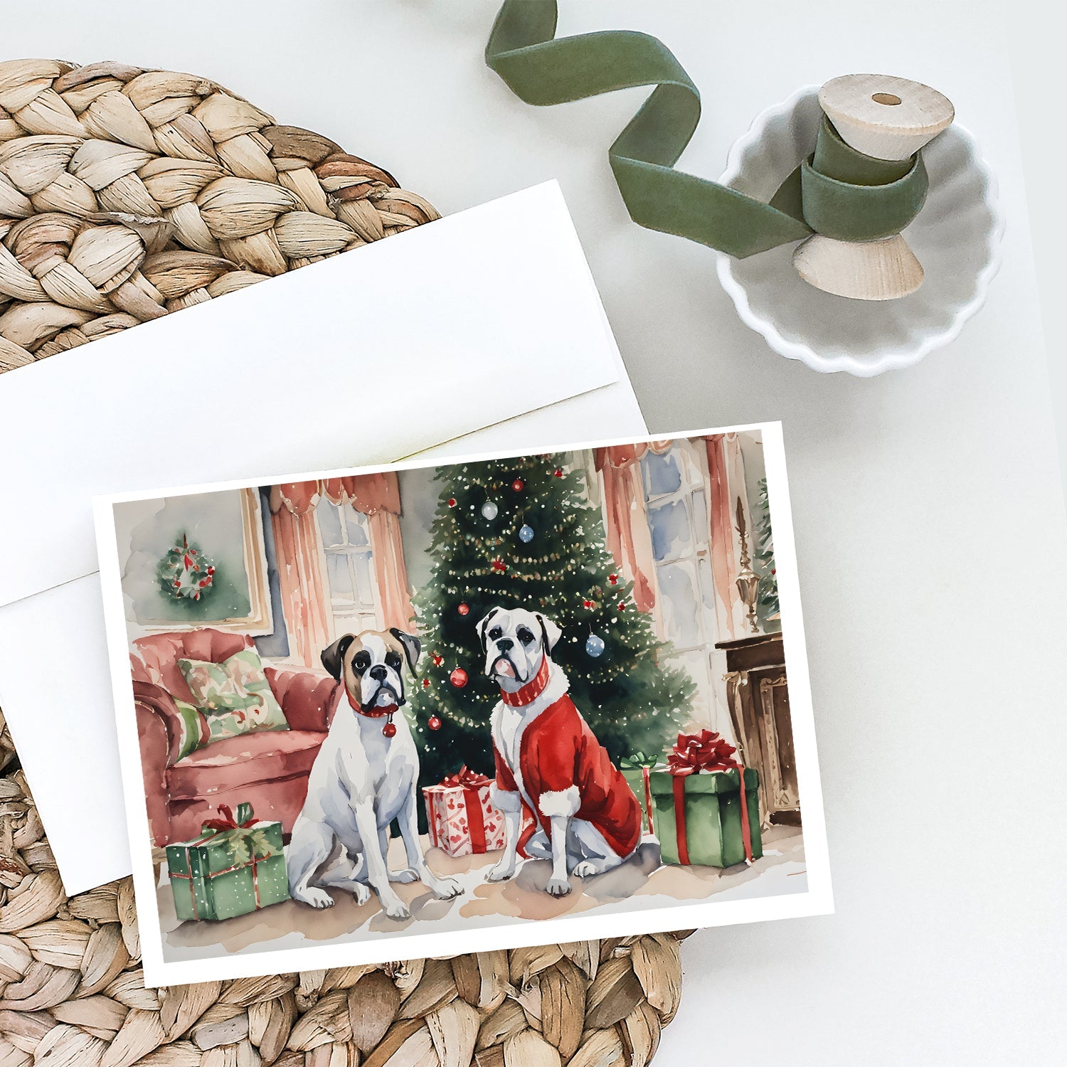 White Boxer Christmas Greeting Cards Pack of 8 Blank Cards with Envelopes Whimsical A7 Size 5x7