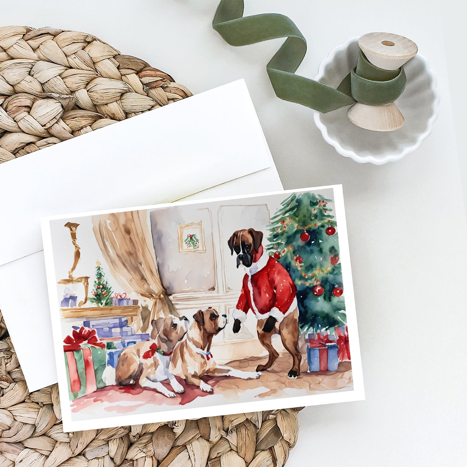 Fawn Boxer Christmas Greeting Cards Pack of 8 Blank Cards with Envelopes Whimsical A7 Size 5x7