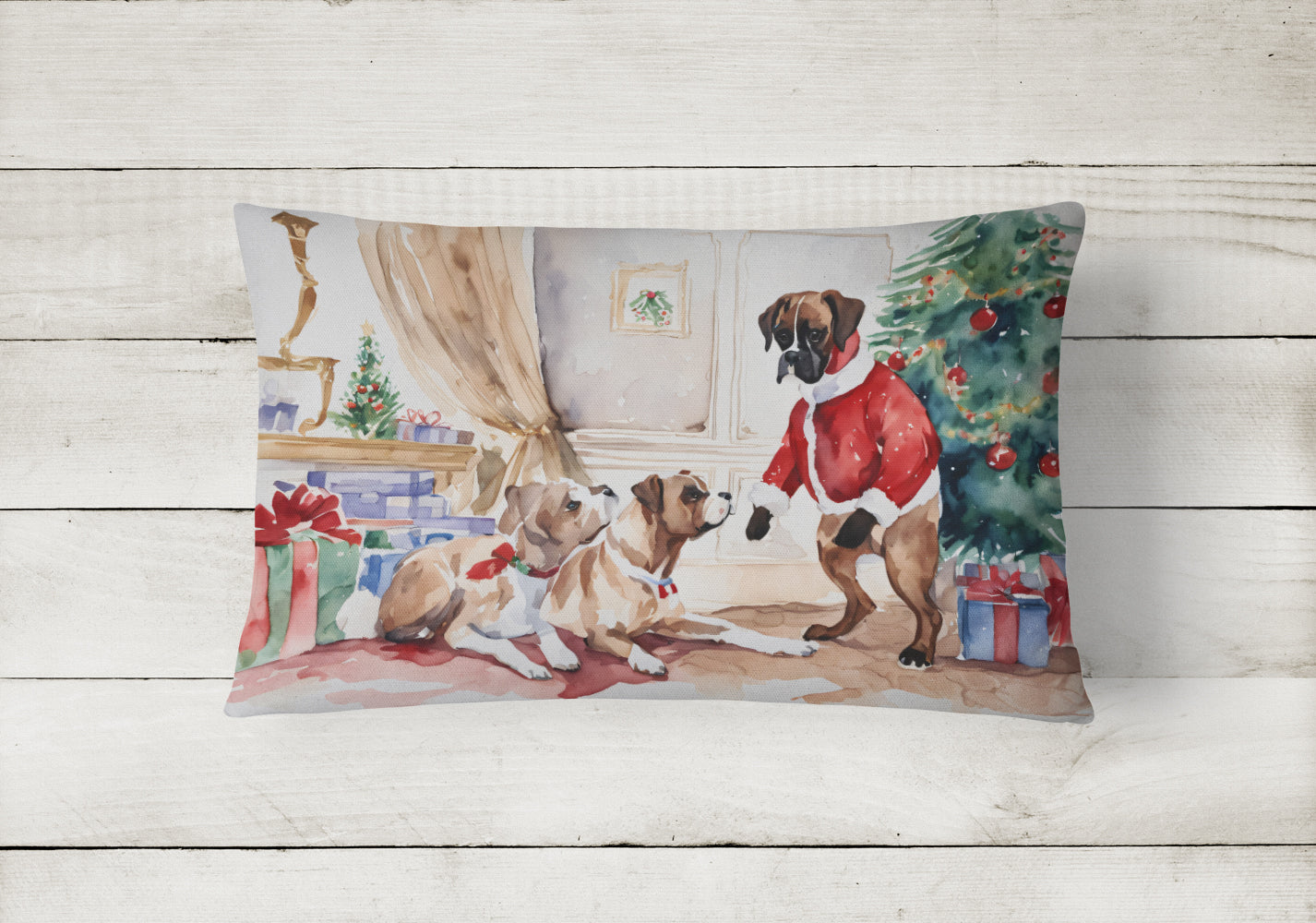 Fawn Boxer Christmas Decorative Throw Pillow 12x16 Indoor Outdoor Accent Cushion, Fabric Cover with Insert for Sofa, Bed, Porch & Living Room