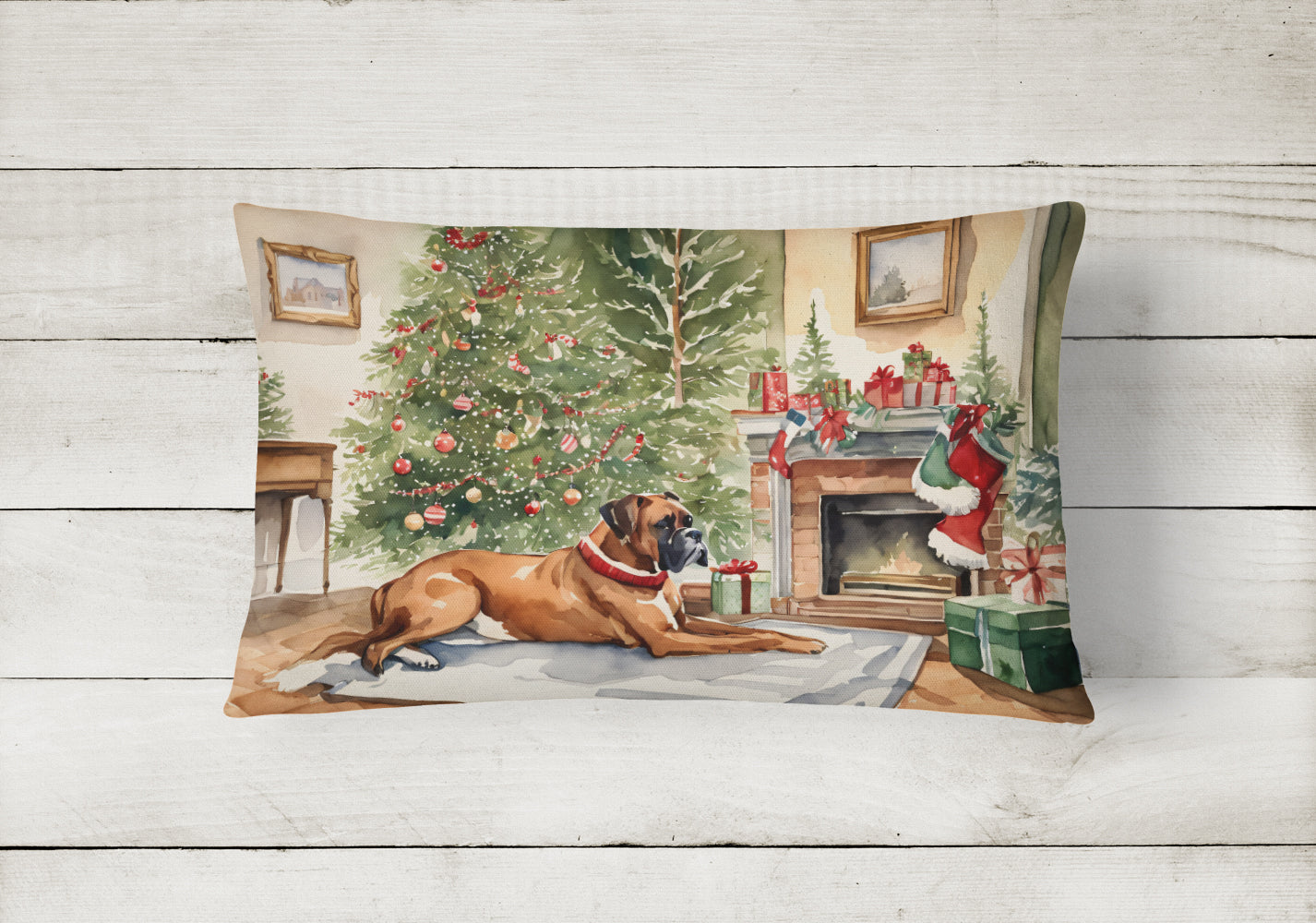 Fawn Boxer Christmas Decorative Throw Pillow 12x16 Indoor Outdoor Accent Cushion, Fabric Cover with Insert for Sofa, Bed, Porch & Living Room