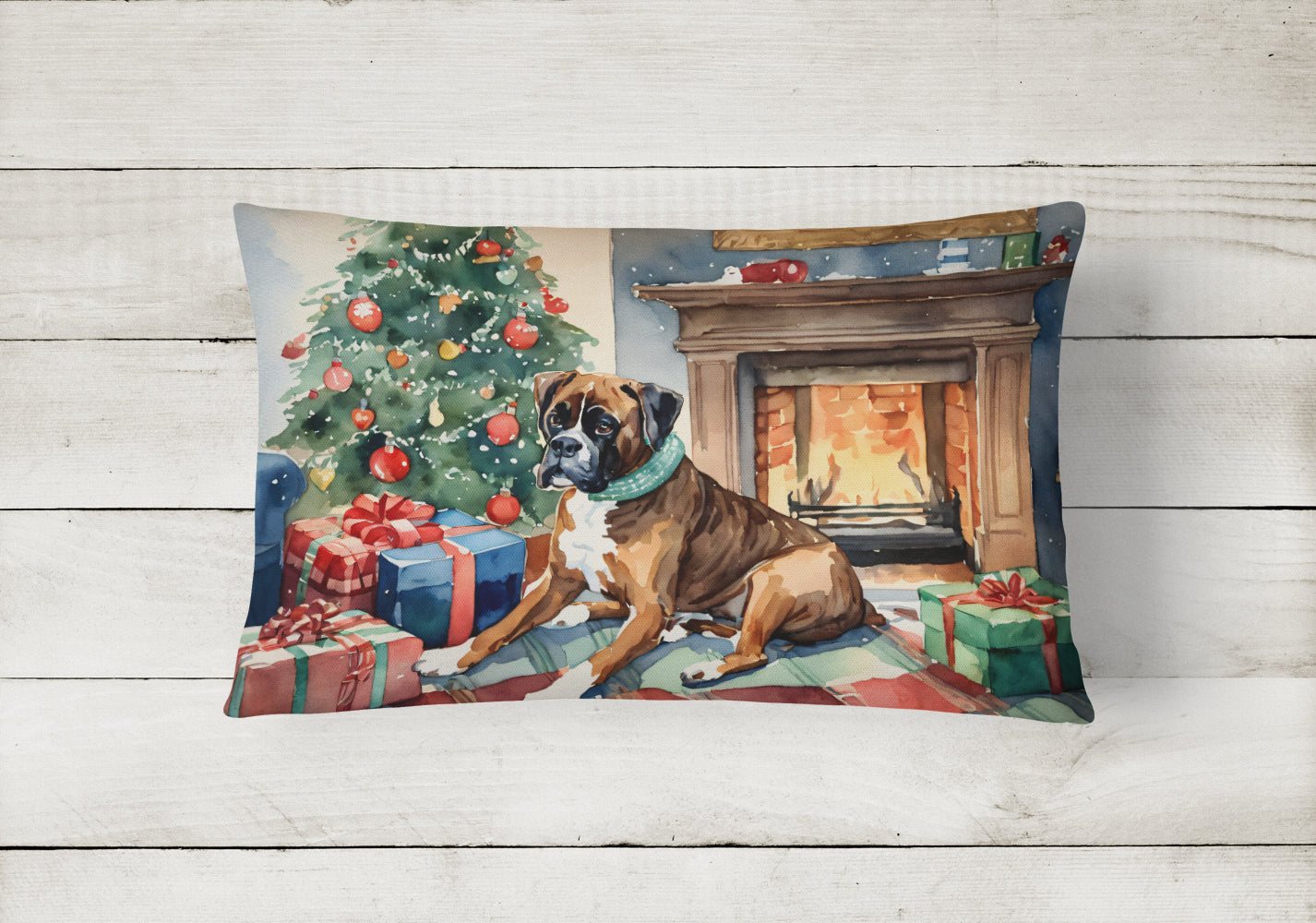 Fawn Boxer Christmas Decorative Throw Pillow 12x16 Indoor Outdoor Accent Cushion, Fabric Cover with Insert for Sofa, Bed, Porch & Living Room