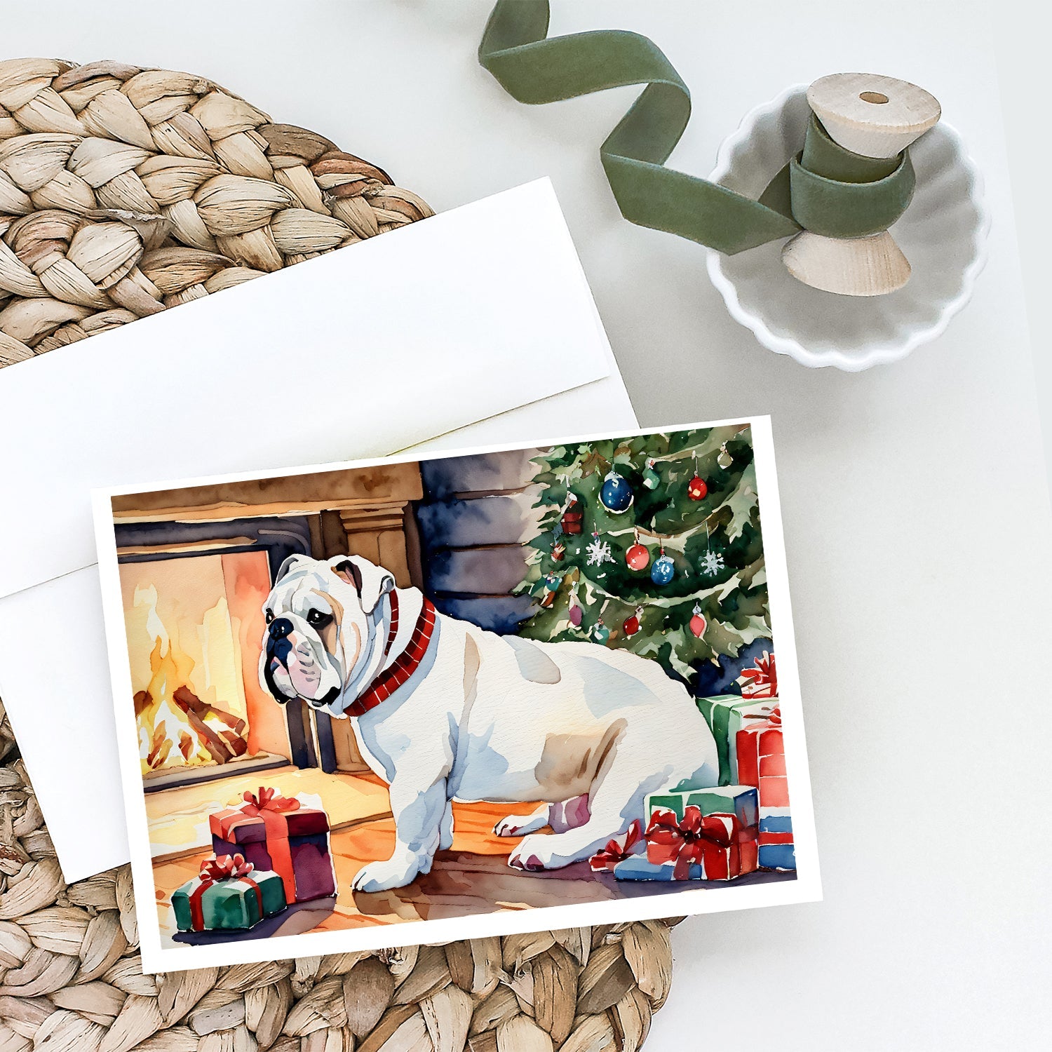White English Bulldog Christmas Greeting Cards Pack of 8 Blank Cards with Envelopes Whimsical A7 Size 5x7