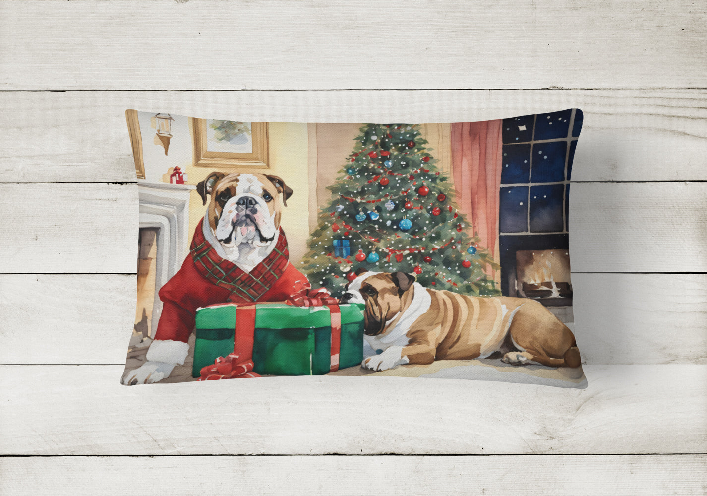 English Bulldog Christmas Decorative Throw Pillow 12x16 Indoor Outdoor Accent Cushion, Fabric Cover with Insert for Sofa, Bed, Porch & Living Room