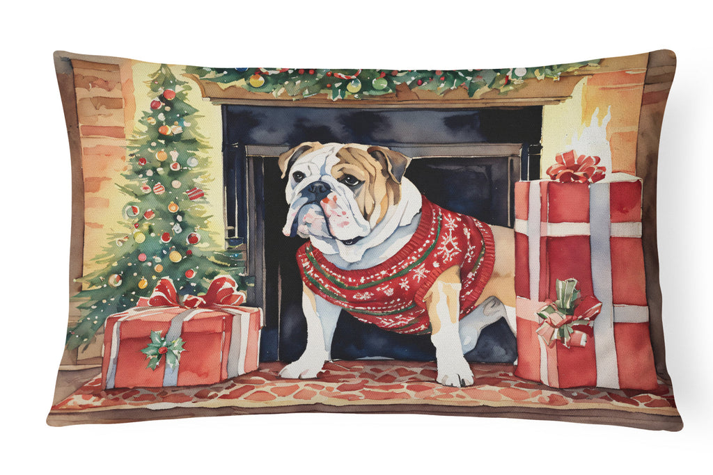 English Bulldog Christmas Decorative Throw Pillow 12x16 Indoor Outdoor Accent Cushion, Fabric Cover with Insert for Sofa, Bed, Porch & Living Room