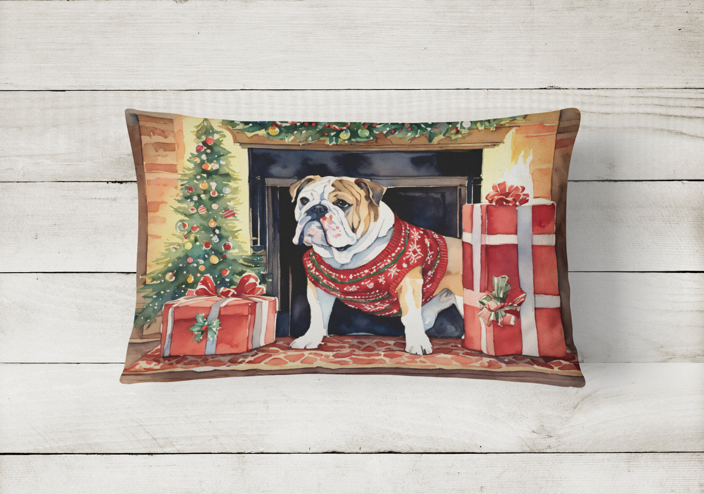 English Bulldog Christmas Decorative Throw Pillow 12x16 Indoor Outdoor Accent Cushion, Fabric Cover with Insert for Sofa, Bed, Porch & Living Room
