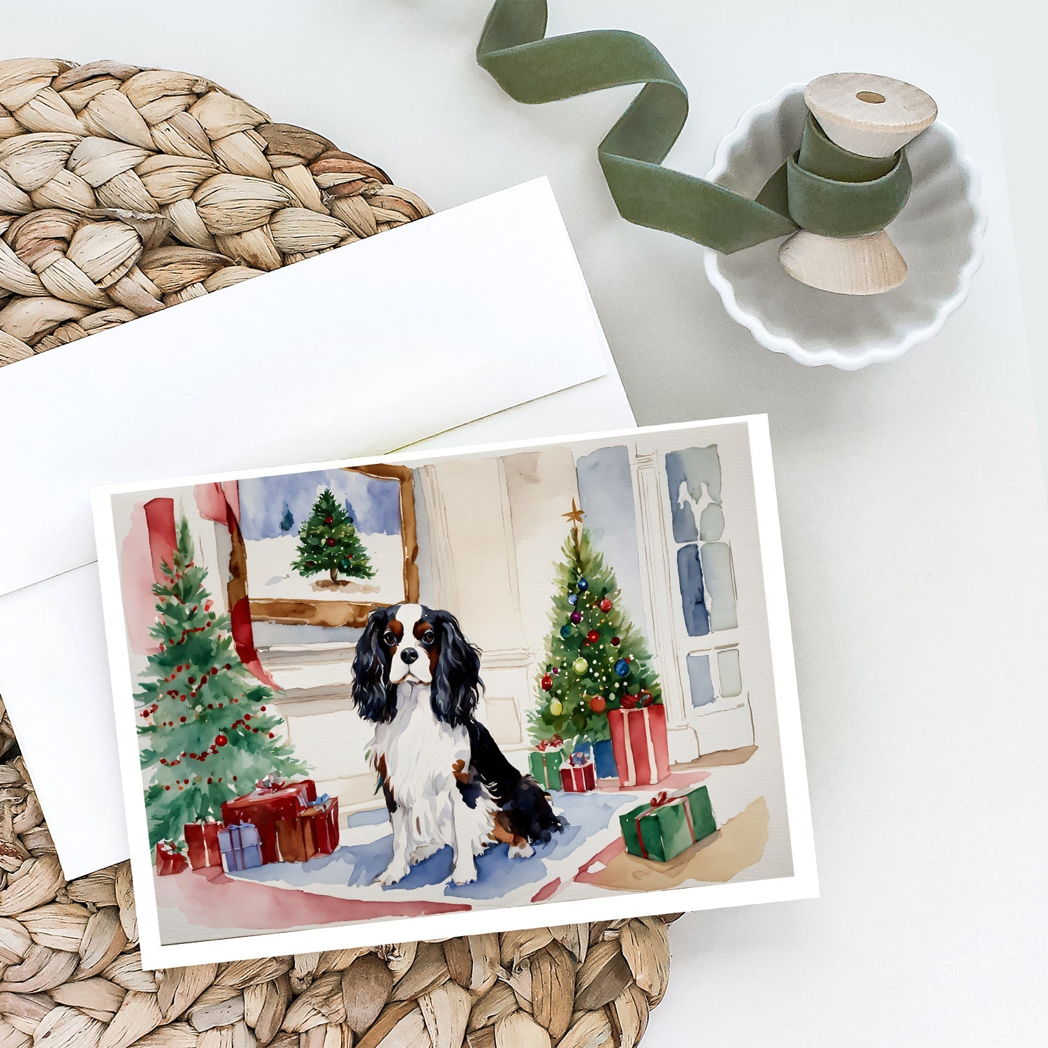 Cavalier Spaniel Christmas Greeting Cards Pack of 8 Blank Cards with Envelopes Whimsical A7 Size 5x7