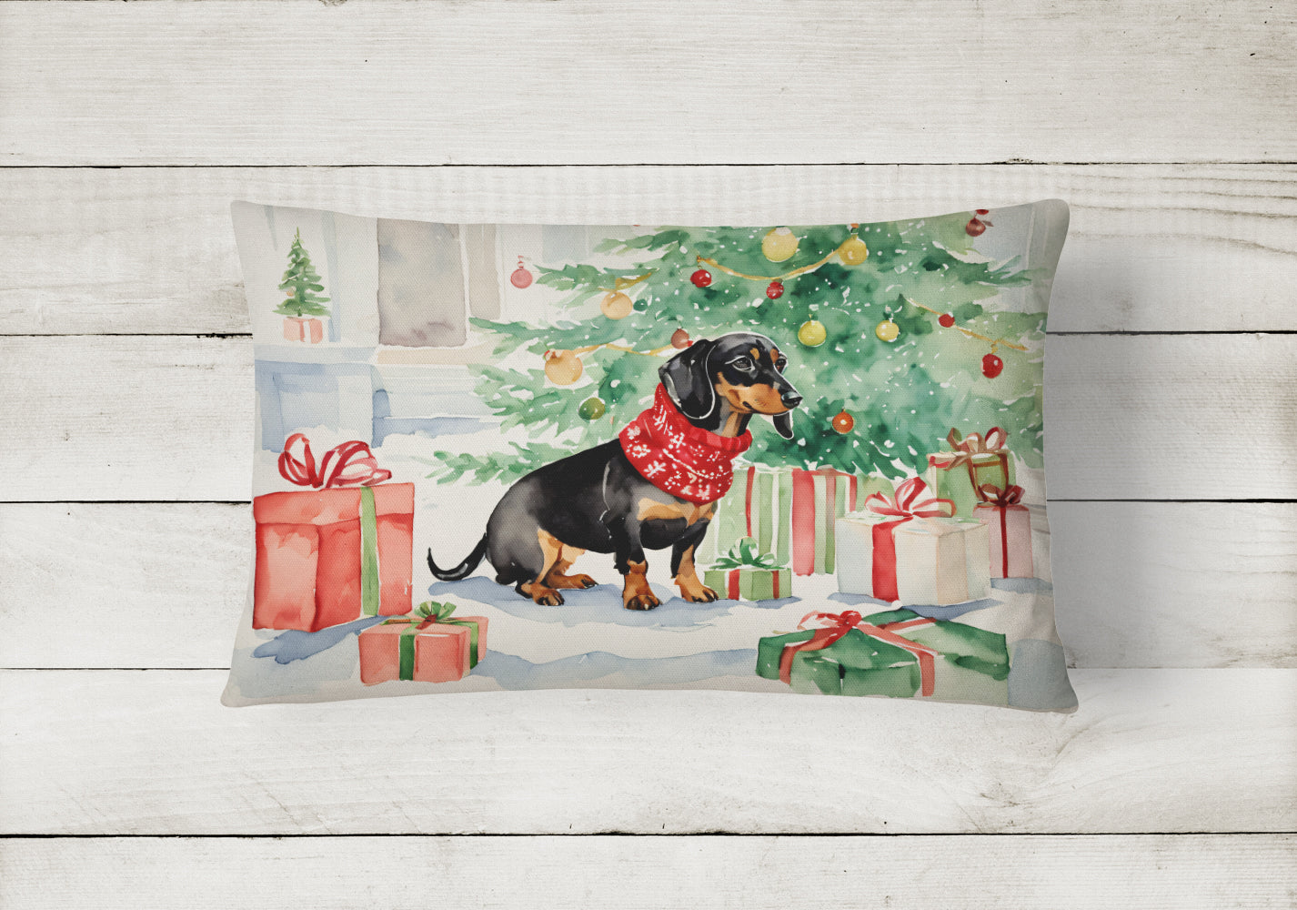 Black and Tan Dachshund Christmas Decorative Throw Pillow 12x16 Indoor Outdoor Accent Cushion, Fabric Cover with Insert for Sofa, Bed, Porch & Living Room