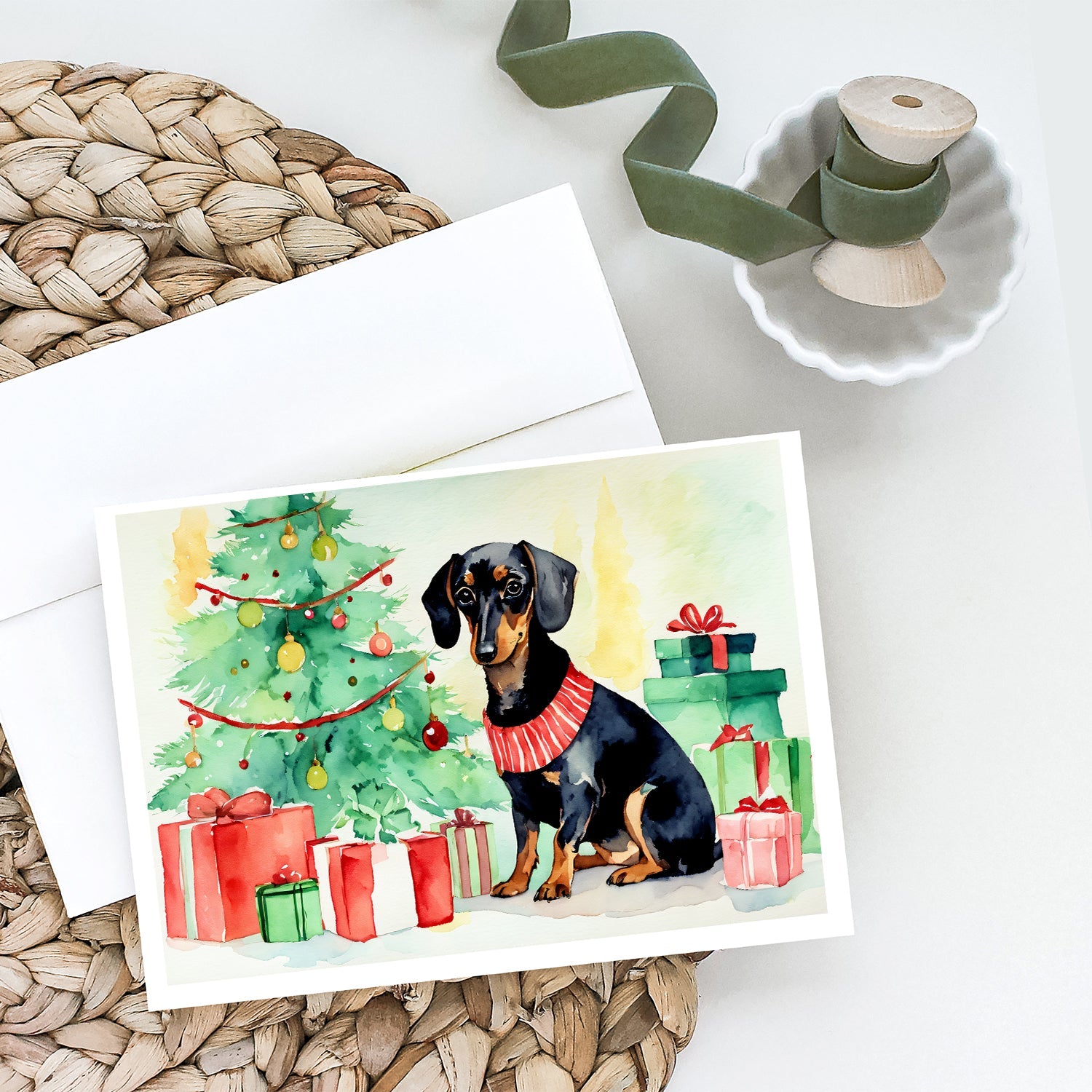 Black and Tan Dachshund Christmas Greeting Cards Pack of 8 Blank Cards with Envelopes Whimsical A7 Size 5x7