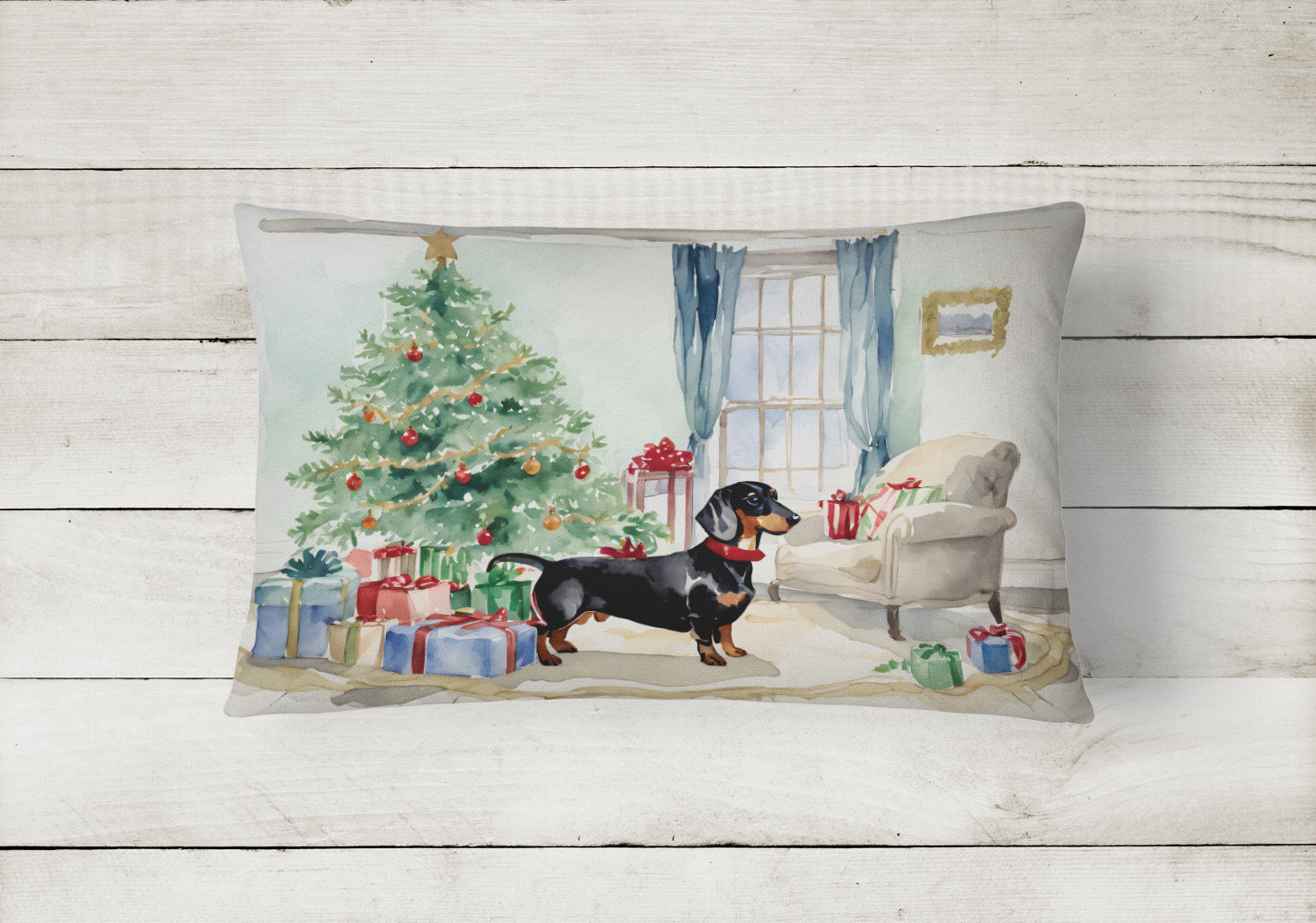 Black and Tan Dachshund Christmas Decorative Throw Pillow 12x16 Indoor Outdoor Accent Cushion, Fabric Cover with Insert for Sofa, Bed, Porch & Living Room