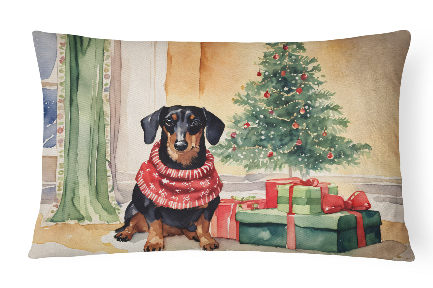 Black and Tan Dachshund Christmas Decorative Throw Pillow 12x16 Indoor Outdoor Accent Cushion, Fabric Cover with Insert for Sofa, Bed, Porch & Living Room