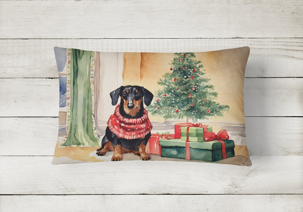 Black and Tan Dachshund Christmas Decorative Throw Pillow 12x16 Indoor Outdoor Accent Cushion, Fabric Cover with Insert for Sofa, Bed, Porch & Living Room