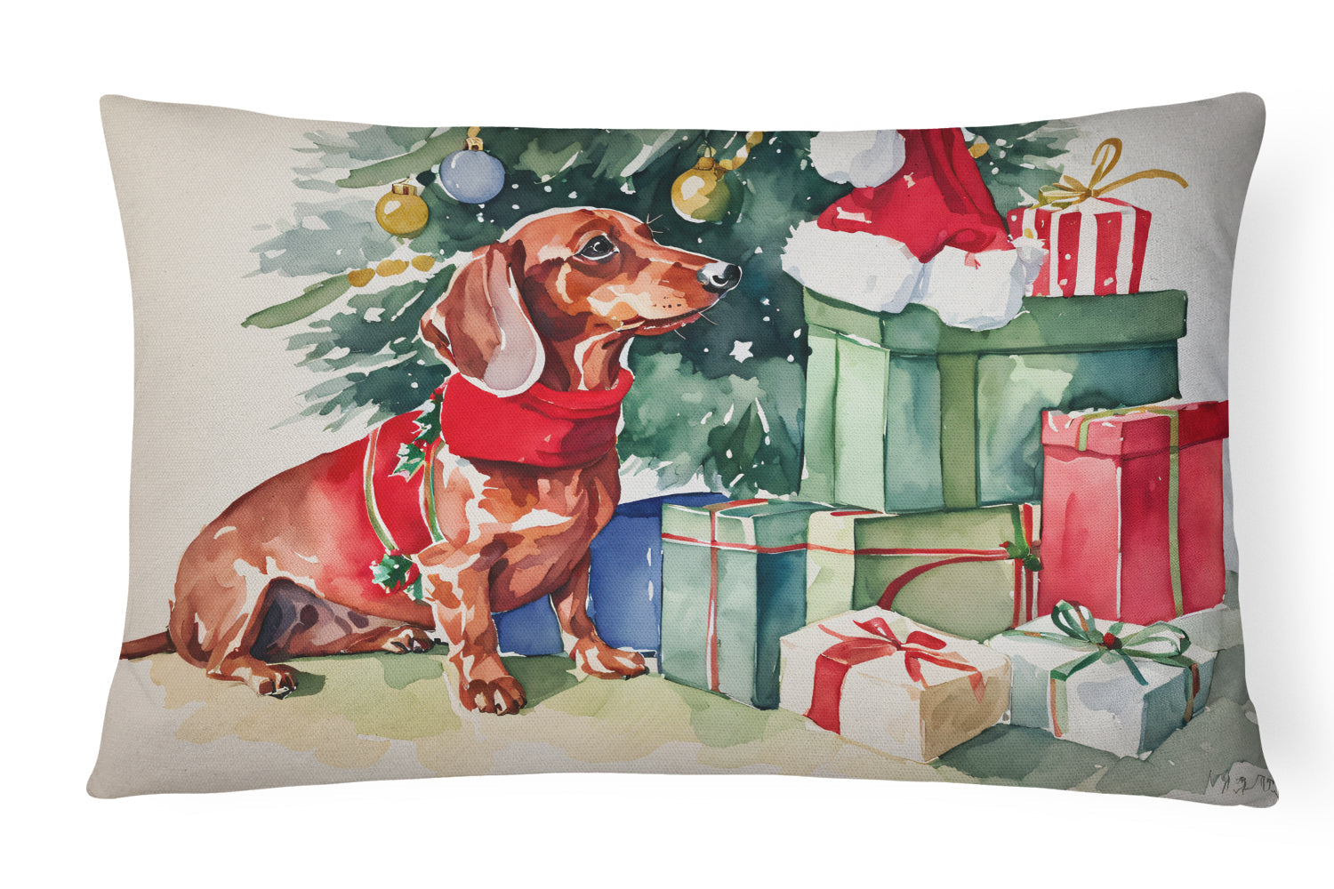 Dachshund Christmas Decorative Throw Pillow 12x16 Indoor Outdoor Accent Cushion, Fabric Cover with Insert for Sofa, Bed, Porch & Living Room