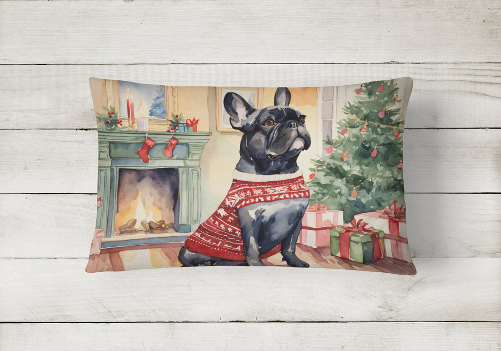 French Bulldog Christmas Decorative Throw Pillow 12x16 Indoor Outdoor Accent Cushion, Fabric Cover with Insert for Sofa, Bed, Porch & Living Room
