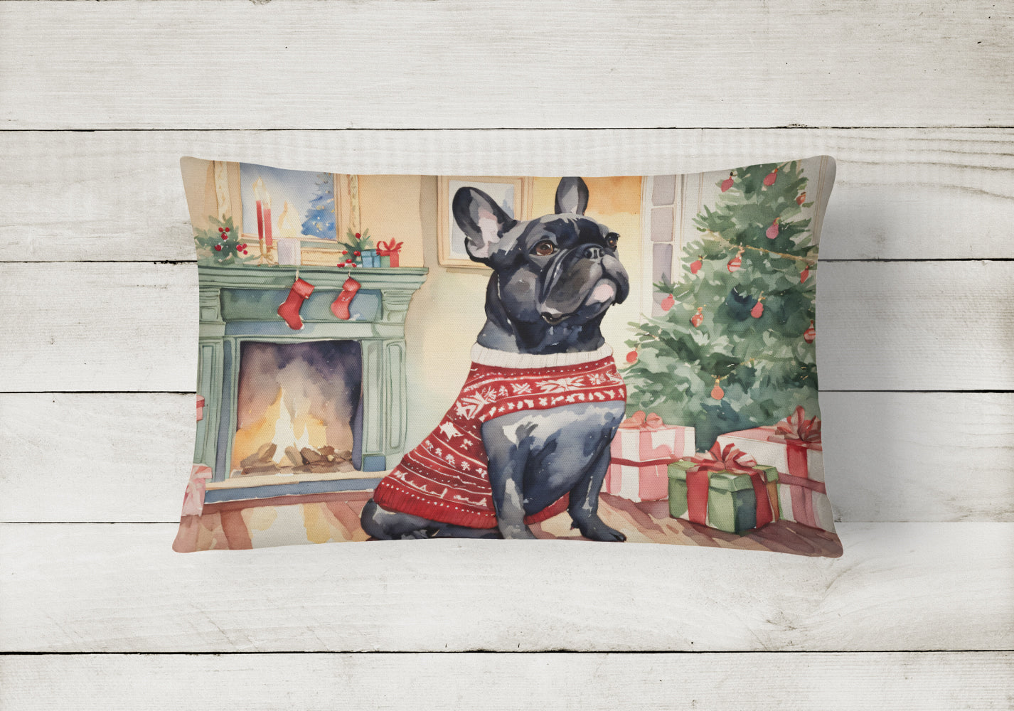 French Bulldog Christmas Decorative Throw Pillow 12x16 Indoor Outdoor Accent Cushion, Fabric Cover with Insert for Sofa, Bed, Porch & Living Room