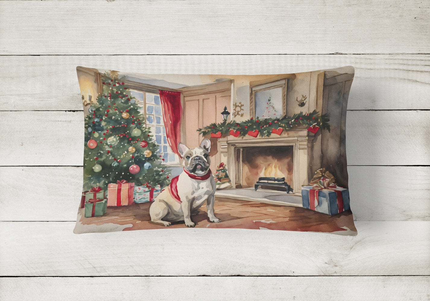 French Bulldog Christmas Decorative Throw Pillow 12x16 Indoor Outdoor Accent Cushion, Fabric Cover with Insert for Sofa, Bed, Porch & Living Room