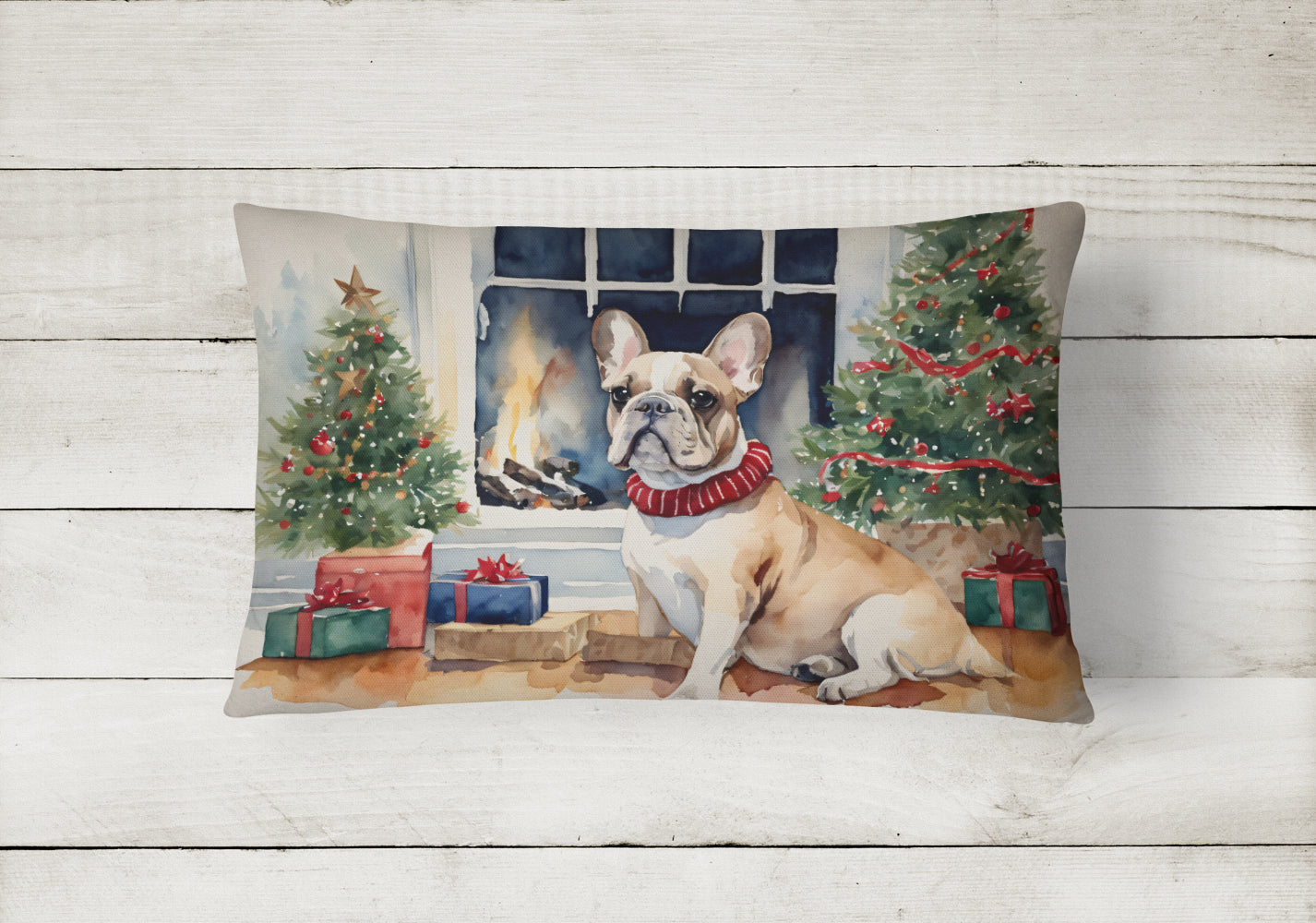 French Bulldog Christmas Decorative Throw Pillow 12x16 Indoor Outdoor Accent Cushion, Fabric Cover with Insert for Sofa, Bed, Porch & Living Room