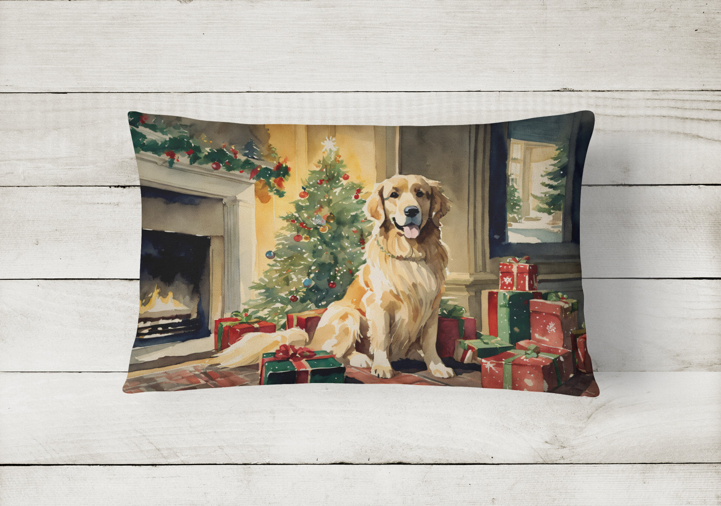 Golden Retriever Christmas Decorative Throw Pillow 12x16 Indoor Outdoor Accent Cushion, Fabric Cover with Insert for Sofa, Bed, Porch & Living Room