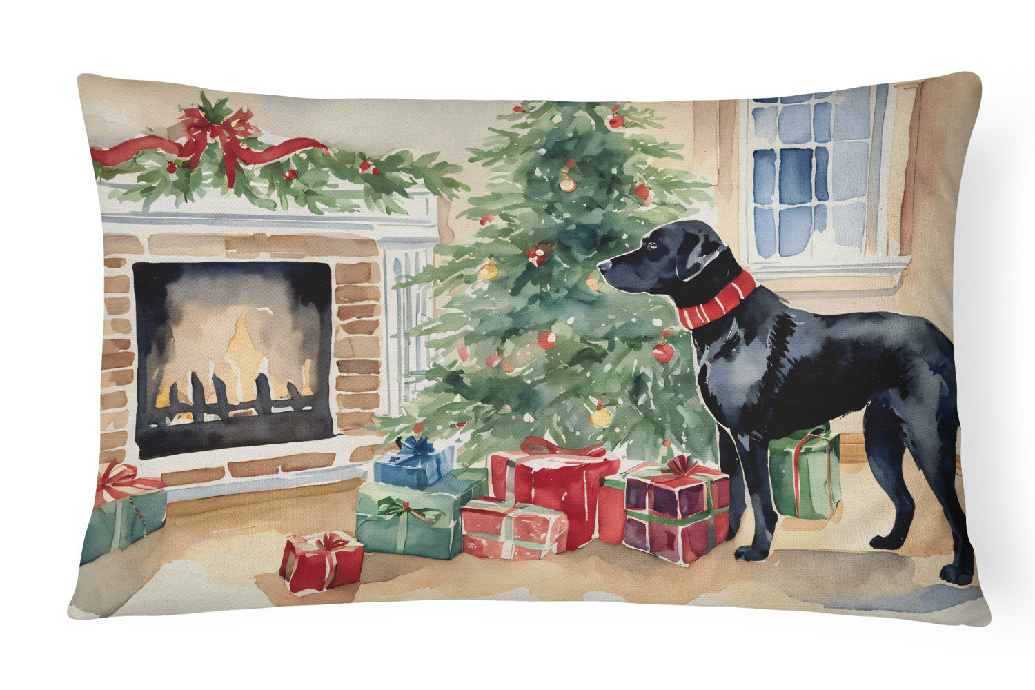 Black Labrador Christmas Decorative Throw Pillow 12x16 Indoor Outdoor Accent Cushion, Fabric Cover with Insert for Sofa, Bed, Porch & Living Room