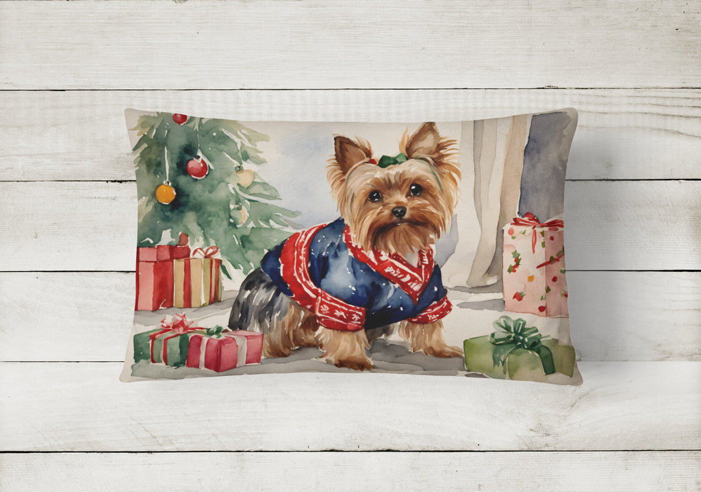 Yorkie Christmas Decorative Throw Pillow 12x16 Indoor Outdoor Accent Cushion, Fabric Cover with Insert for Sofa, Bed, Porch & Living Room