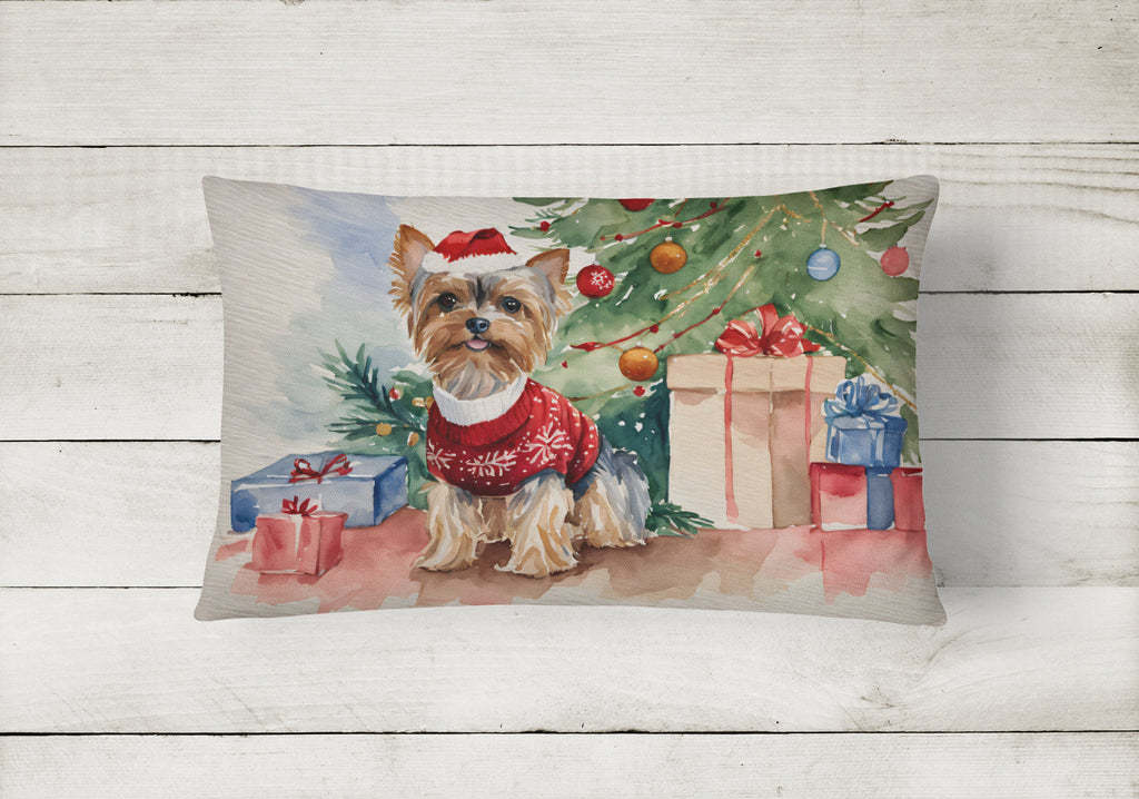 Yorkie Christmas Decorative Throw Pillow 12x16 Indoor Outdoor Accent Cushion, Fabric Cover with Insert for Sofa, Bed, Porch & Living Room