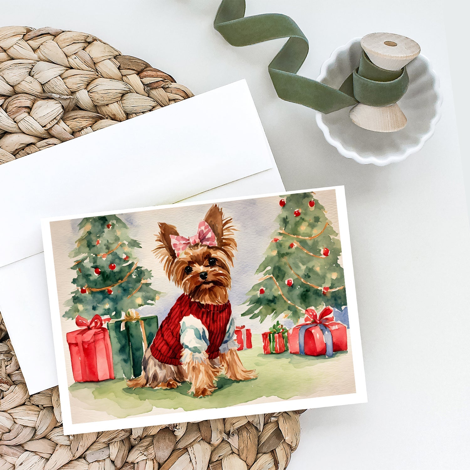 Yorkie Christmas Greeting Cards Pack of 8 Blank Cards with Envelopes Whimsical A7 Size 5x7