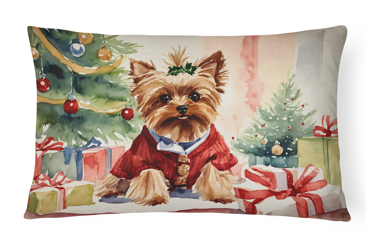 Yorkie Christmas Decorative Throw Pillow 12x16 Indoor Outdoor Accent Cushion, Fabric Cover with Insert for Sofa, Bed, Porch & Living Room