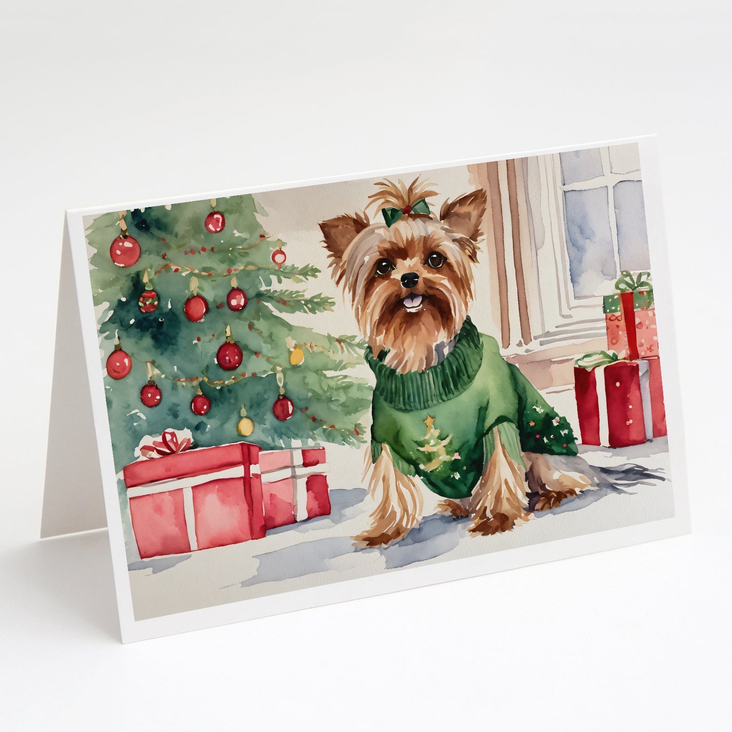 Yorkie Christmas Greeting Cards Pack of 8 Blank Cards with Envelopes Whimsical A7 Size 5x7