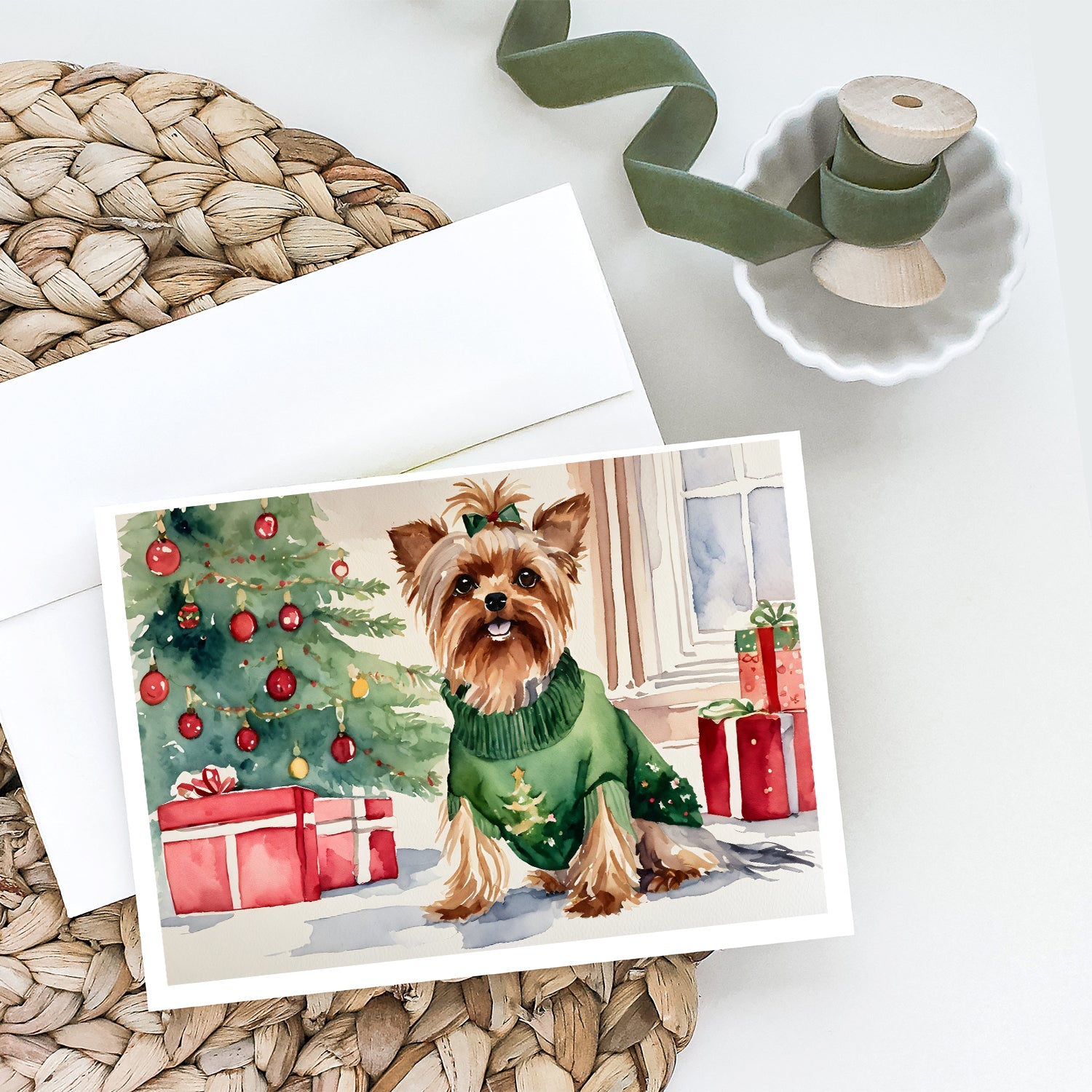Yorkie Christmas Greeting Cards Pack of 8 Blank Cards with Envelopes Whimsical A7 Size 5x7