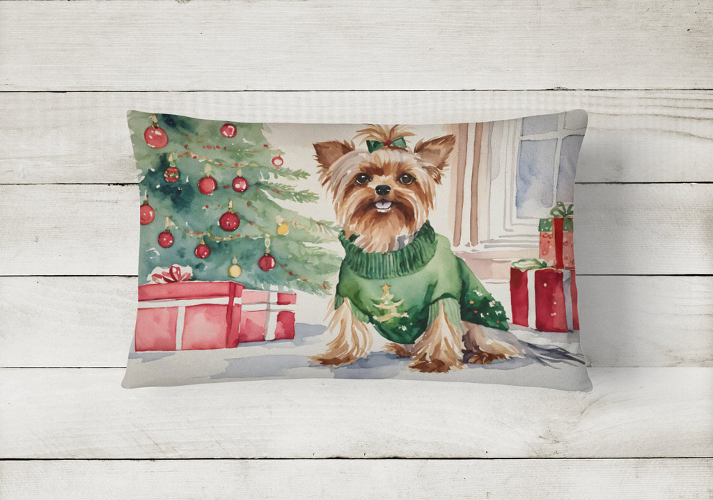 Yorkie Christmas Decorative Throw Pillow 12x16 Indoor Outdoor Accent Cushion, Fabric Cover with Insert for Sofa, Bed, Porch & Living Room