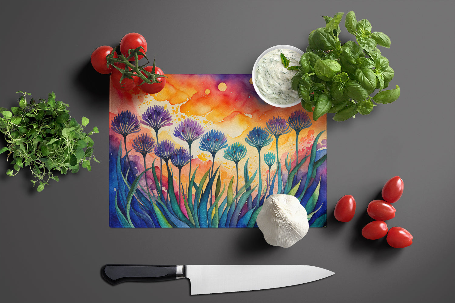 Agapanthus in Color Cutting Board Tempered Glass Kitchen Cutting Surface, Heat Resistant Chopping, Non-Slip Feet, Food Prep & Serving