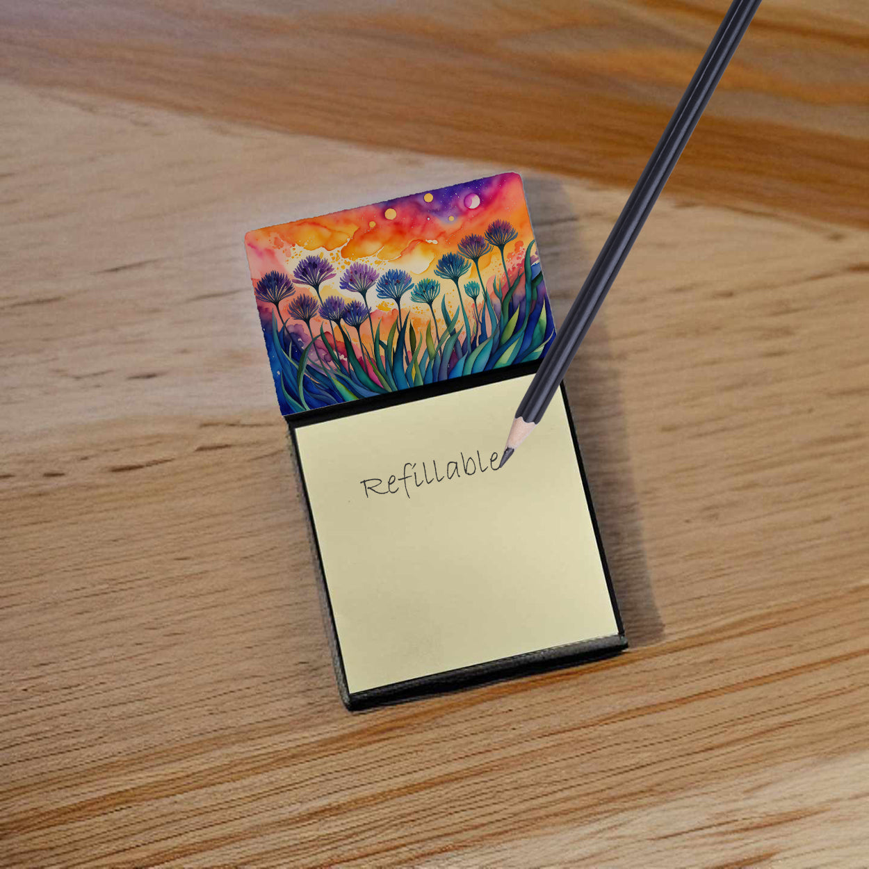 Agapanthus in Color Watercolor Sticky Note Holder Refillable Dispenser Desk Accessory 3x3 Pad Gift