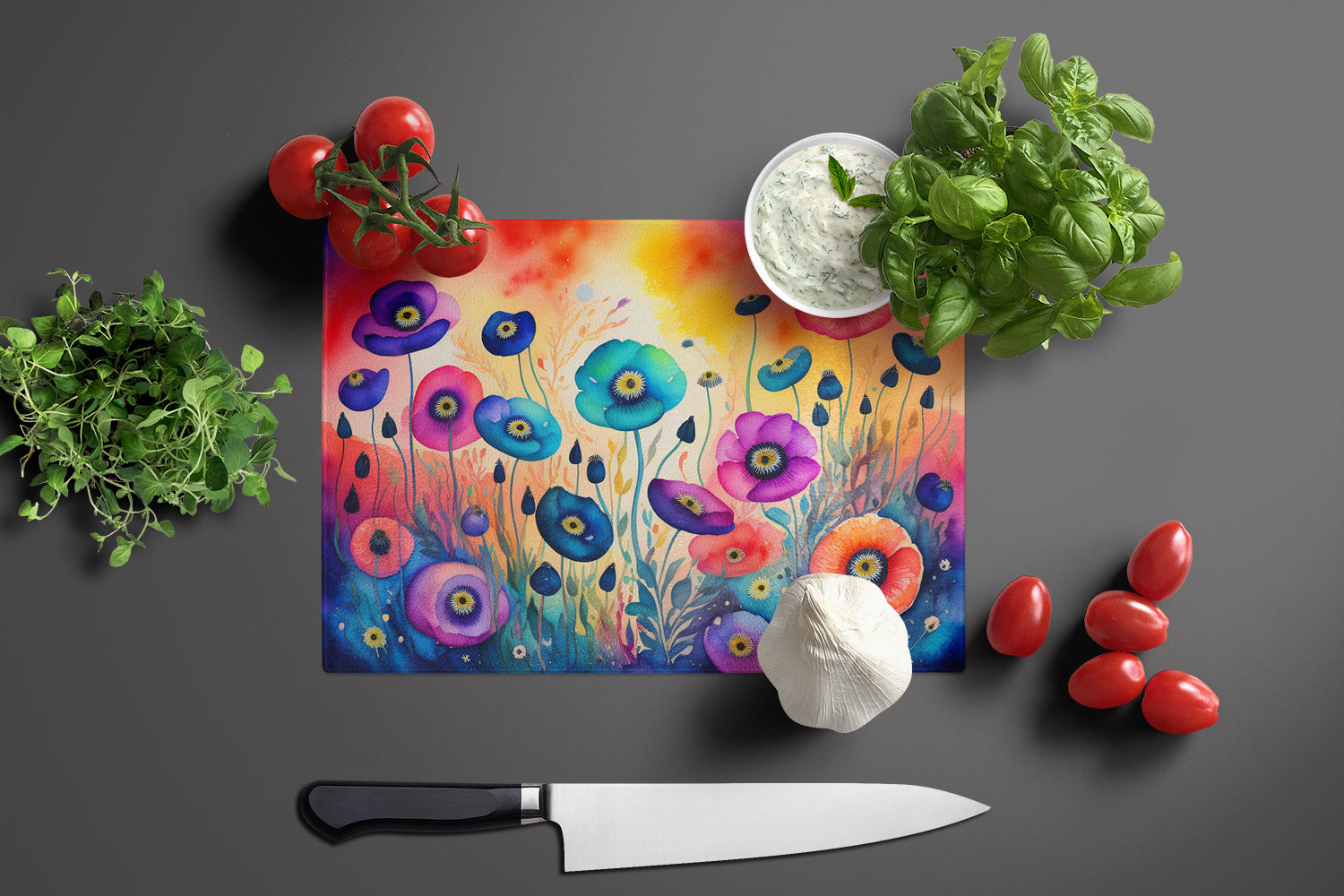 Anemones in Color Cutting Board Tempered Glass Kitchen Cutting Surface, Heat Resistant Chopping, Non-Slip Feet, Food Prep & Serving