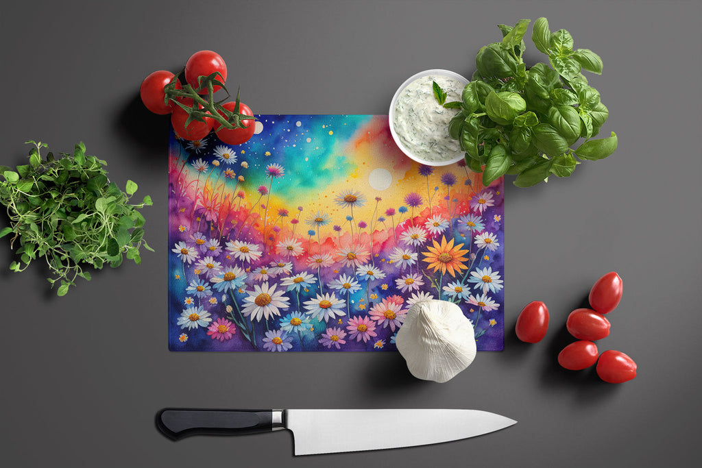 Asters in Color Cutting Board Tempered Glass Kitchen Cutting Surface, Heat Resistant Chopping, Non-Slip Feet, Food Prep & Serving