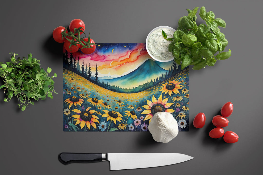 Black-eyed Susans in Color Cutting Board Tempered Glass Kitchen Cutting Surface, Heat Resistant Chopping, Non-Slip Feet, Food Prep & Serving