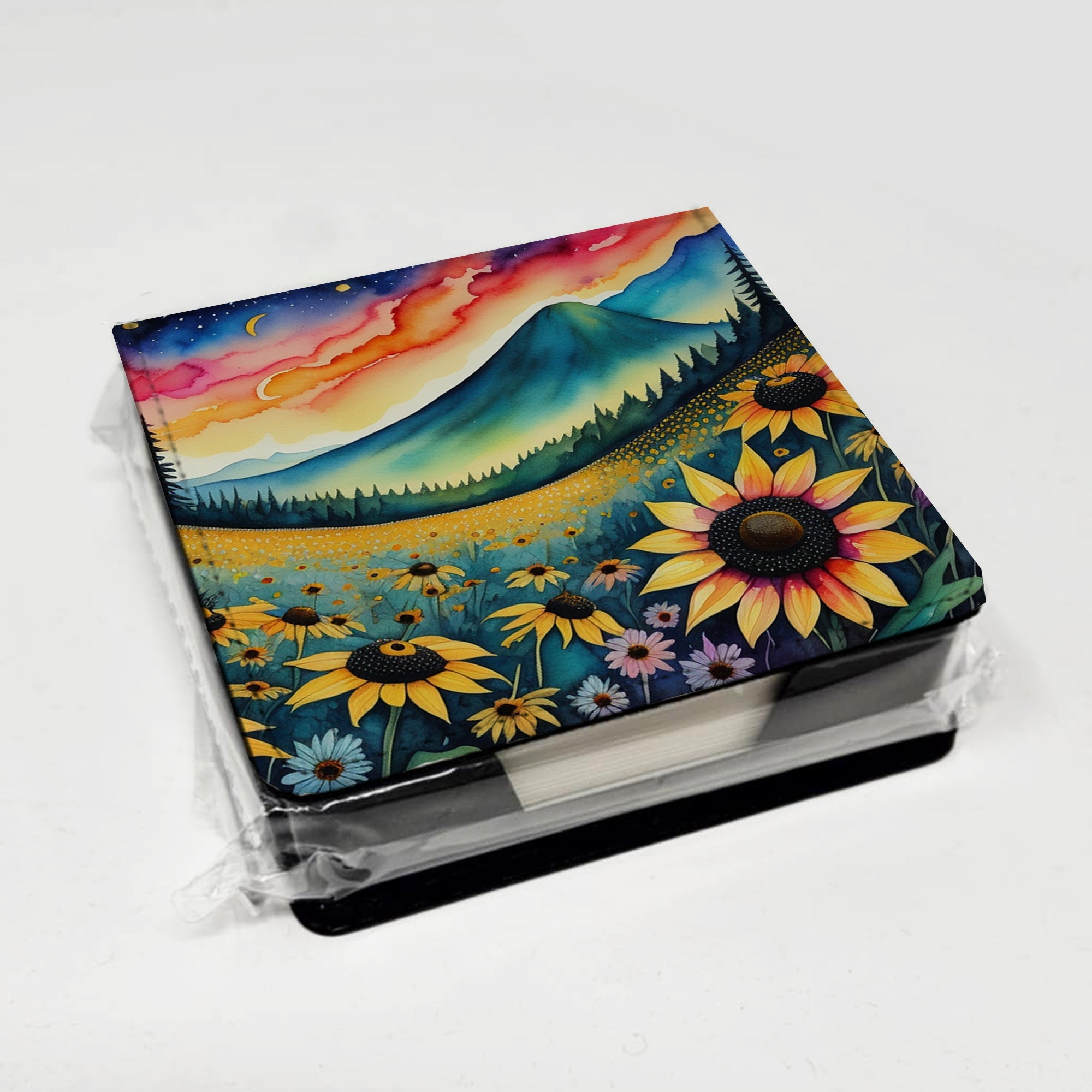 Black-eyed Susans in Color PU Leather Note Paper Holder with Artist-Designed Cover, Desk Accessory, Office Gift