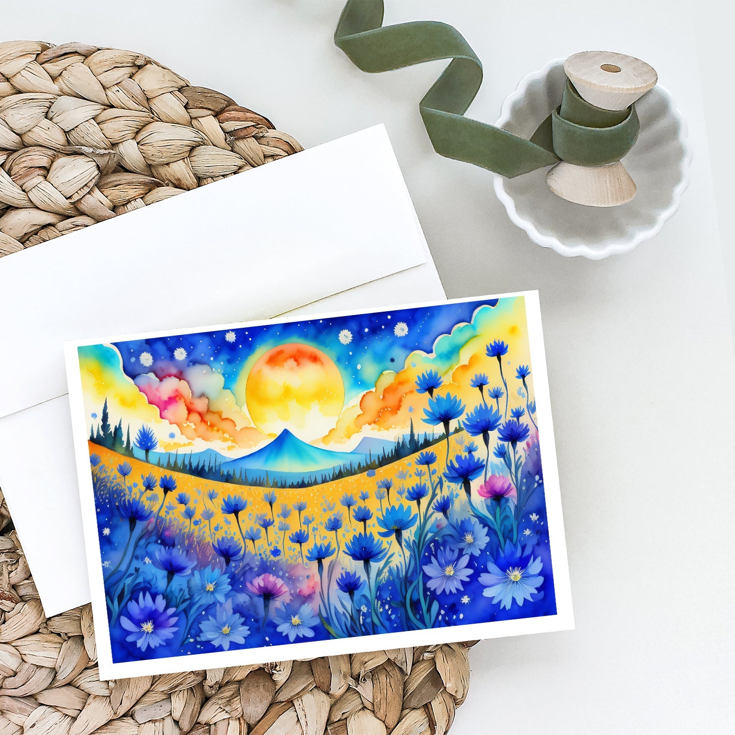 Blue Cornflowers in Color Greeting Cards Pack of 8 Blank Cards with Envelopes Whimsical A7 Size 5x7