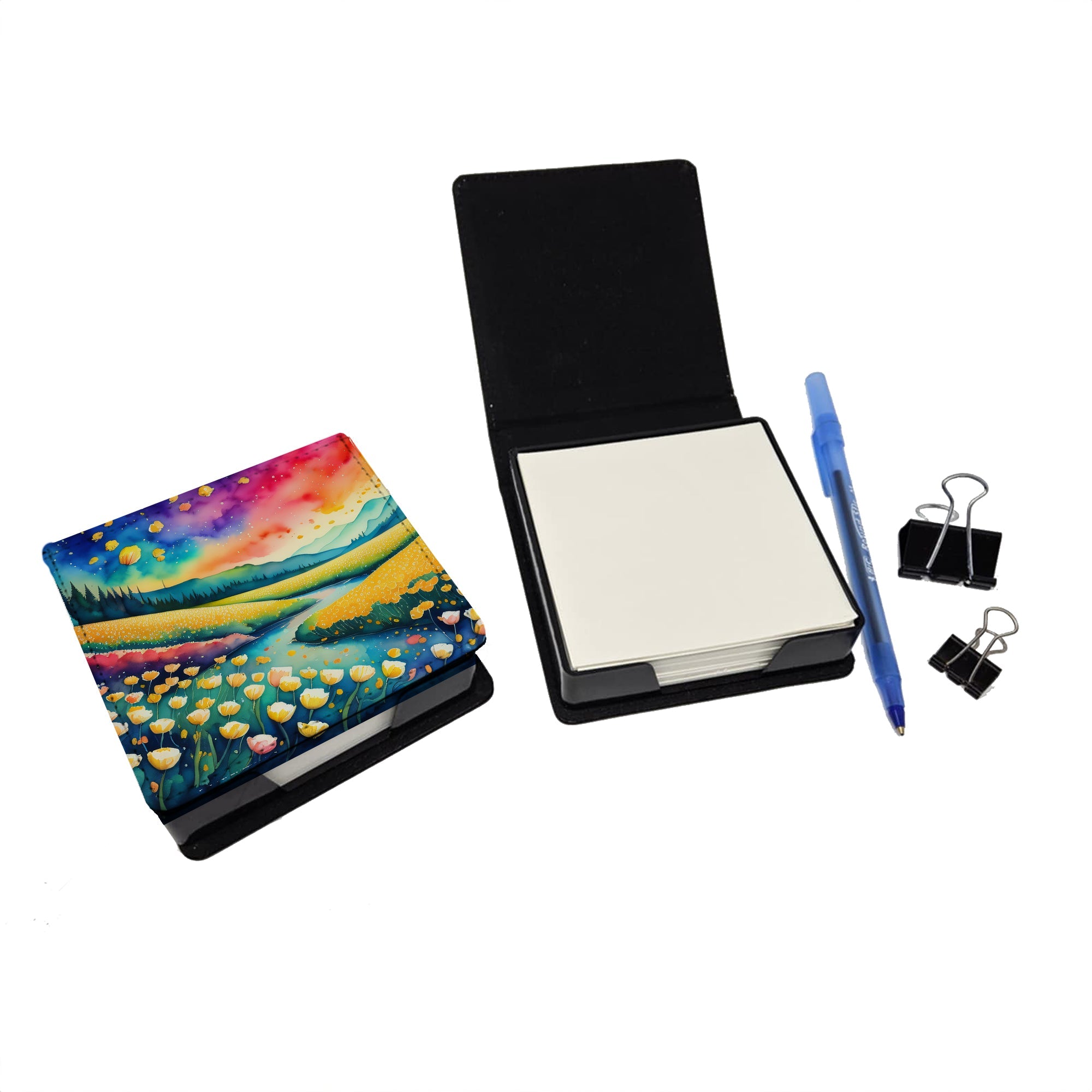 Buttercups in Color PU Leather Note Paper Holder with Artist-Designed Cover, Desk Accessory, Office Gift