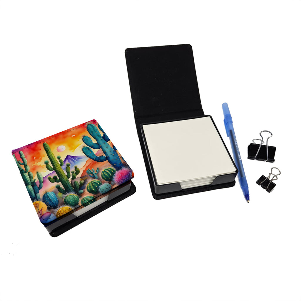 Cactus in Color PU Leather Note Paper Holder with Artist-Designed Cover, Desk Accessory, Office Gift