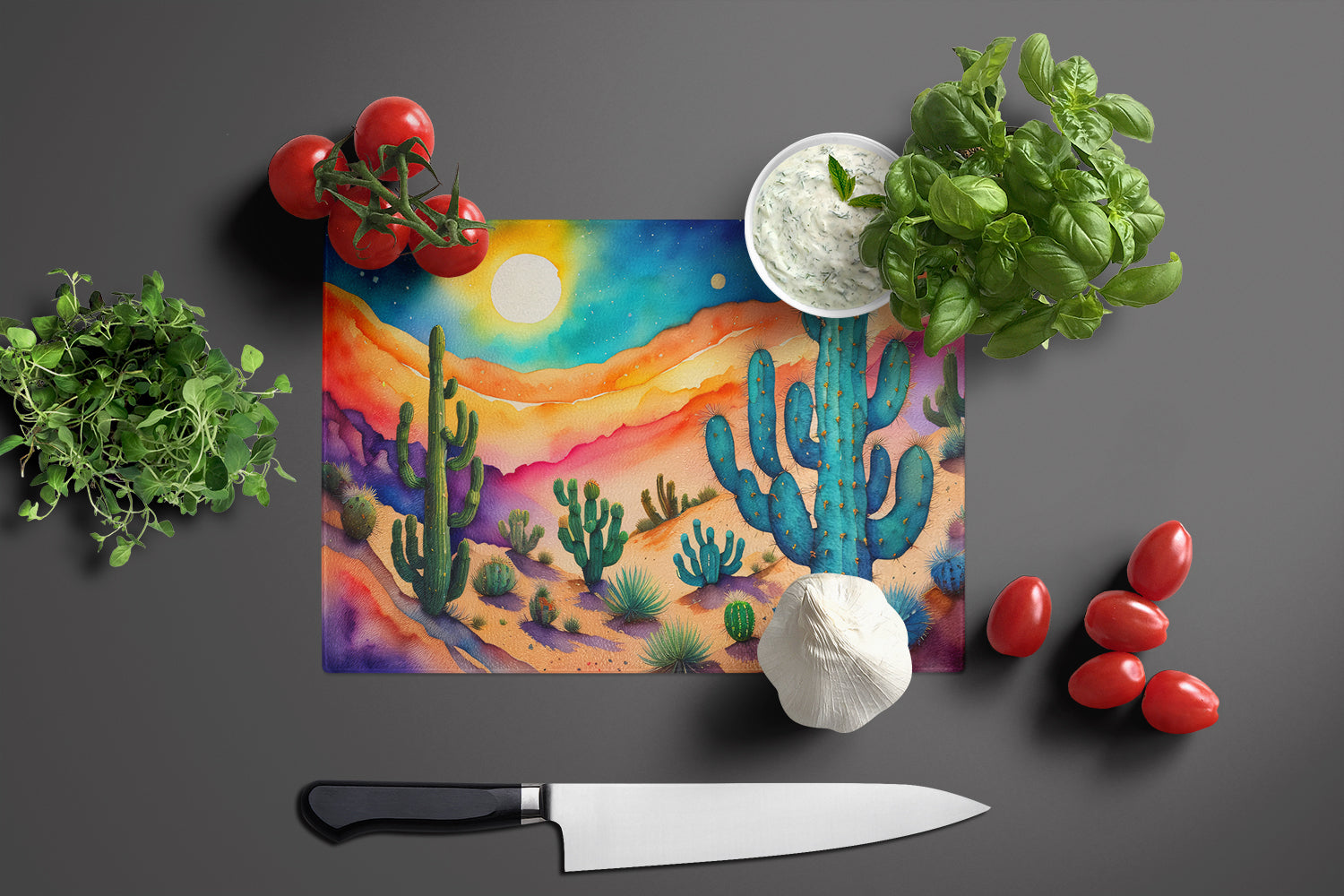 Cactus in Color Cutting Board Tempered Glass Kitchen Cutting Surface, Heat Resistant Chopping, Non-Slip Feet, Food Prep & Serving