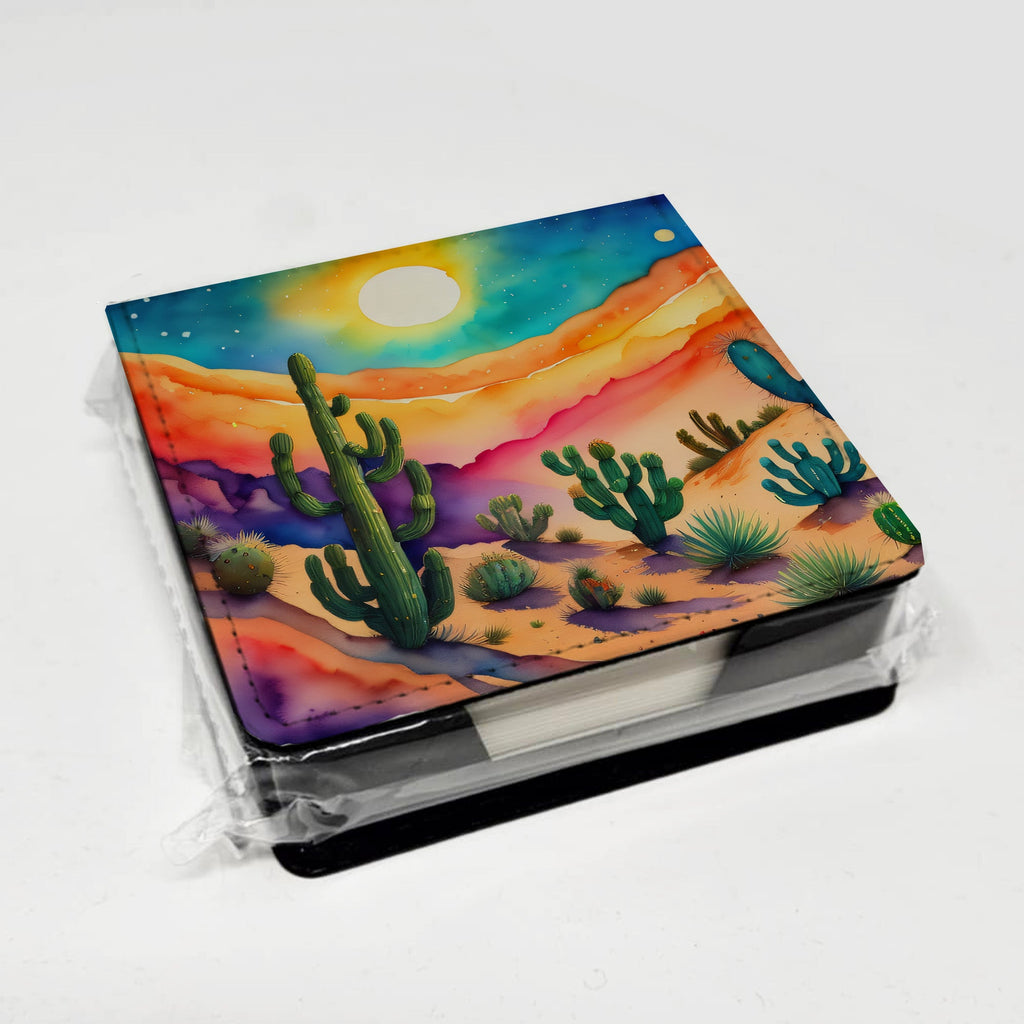 Cactus in Color PU Leather Note Paper Holder with Artist-Designed Cover, Desk Accessory, Office Gift