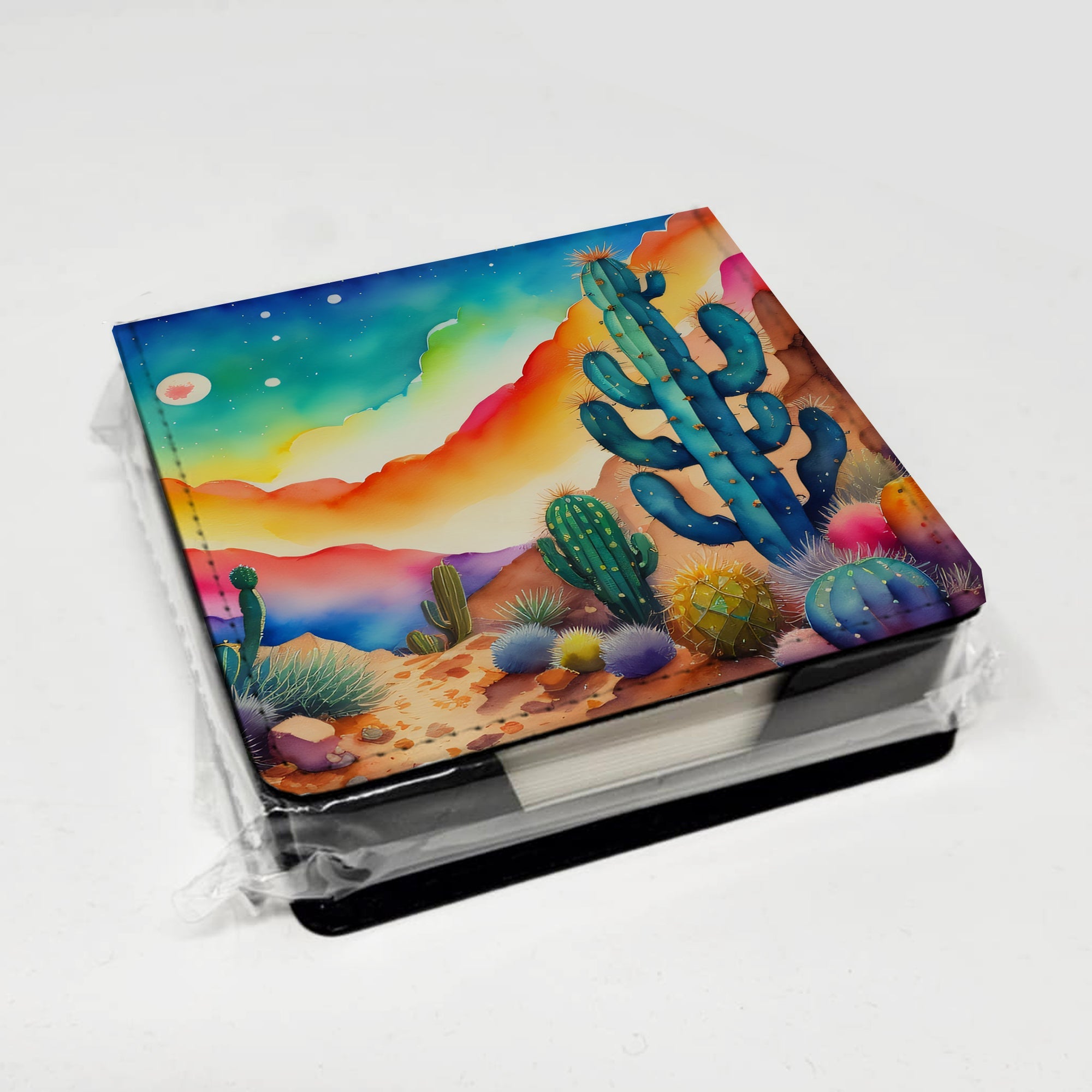 Cactus in Color PU Leather Note Paper Holder with Artist-Designed Cover, Desk Accessory, Office Gift