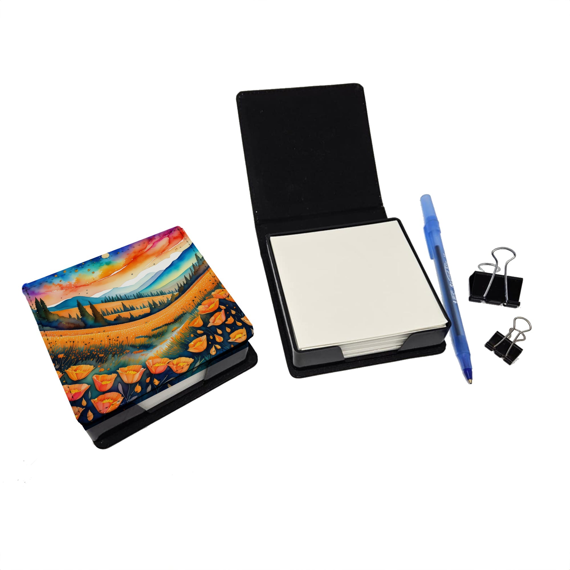 California Poppies in Color PU Leather Note Paper Holder with Artist-Designed Cover, Desk Accessory, Office Gift