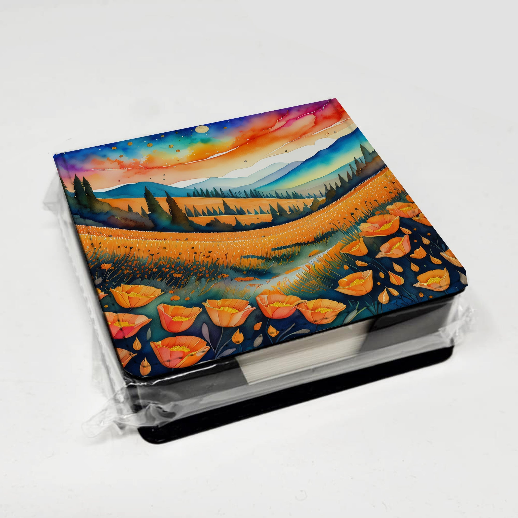 California Poppies in Color PU Leather Note Paper Holder with Artist-Designed Cover, Desk Accessory, Office Gift