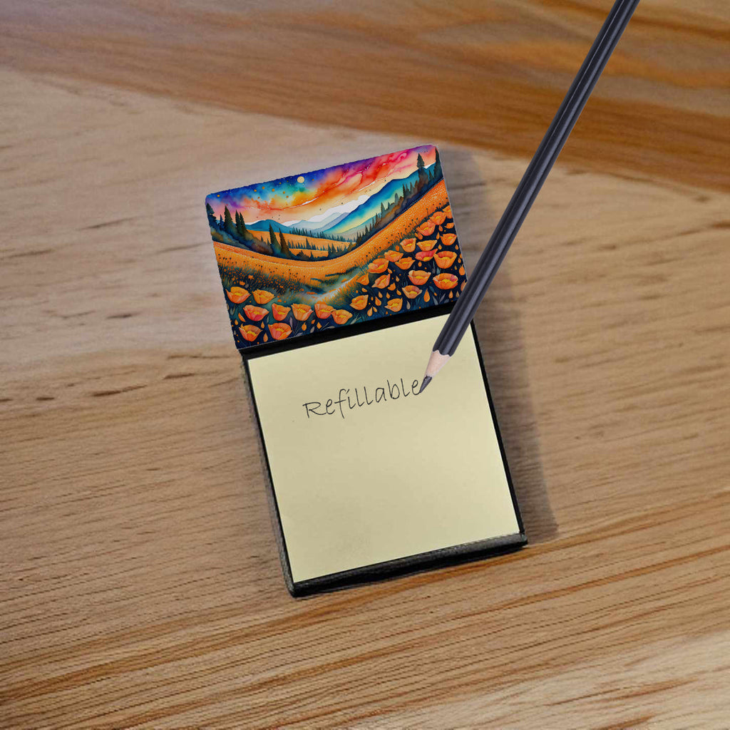 California Poppies in Color Watercolor Sticky Note Holder Refillable Dispenser Desk Accessory 3x3 Pad Gift