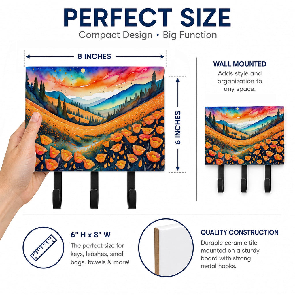 California Poppies in Color Leash or Key Holder Wall Hooks, Coat Rack Wall Mount, for Hanging Keys, Towels, Aprons, Leashes